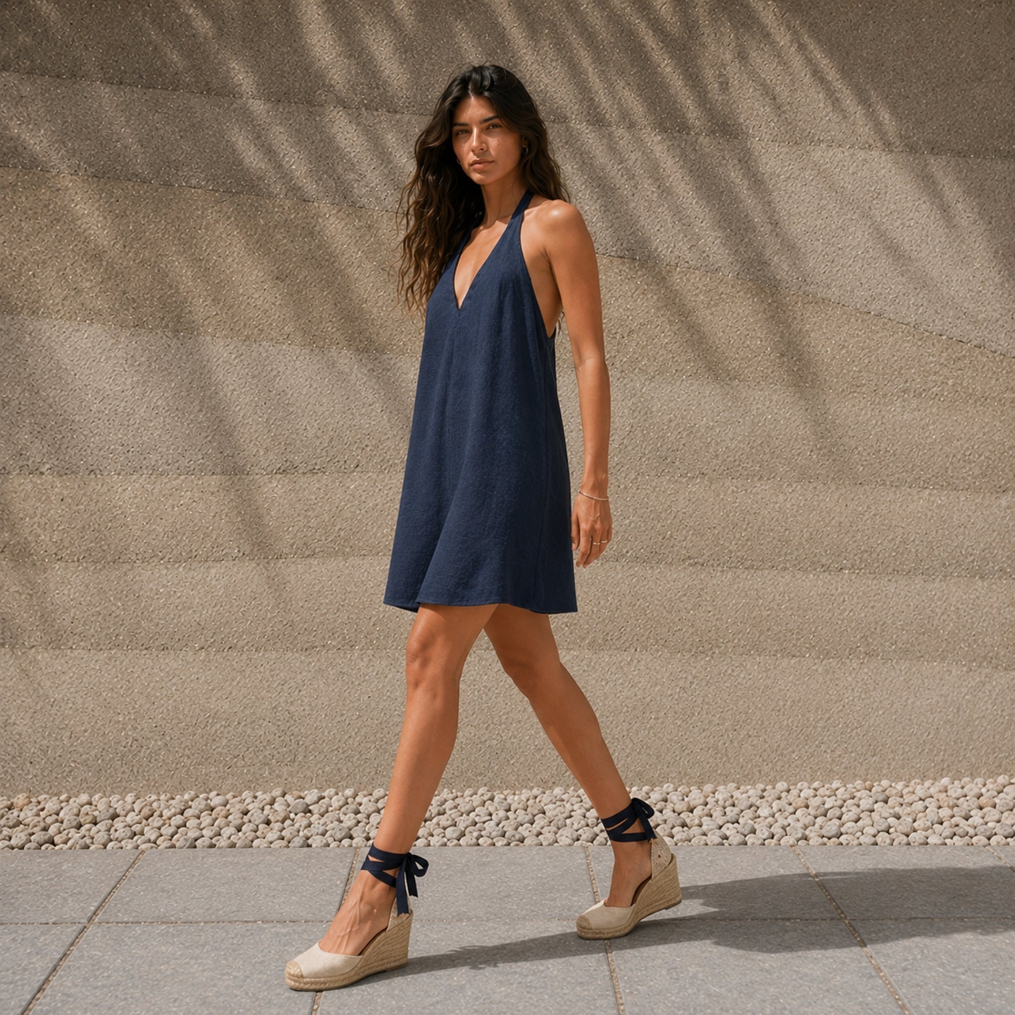 Linen Halter Dress in Navy Blue, lifestyle view 3, showing neckline and dress silhouette