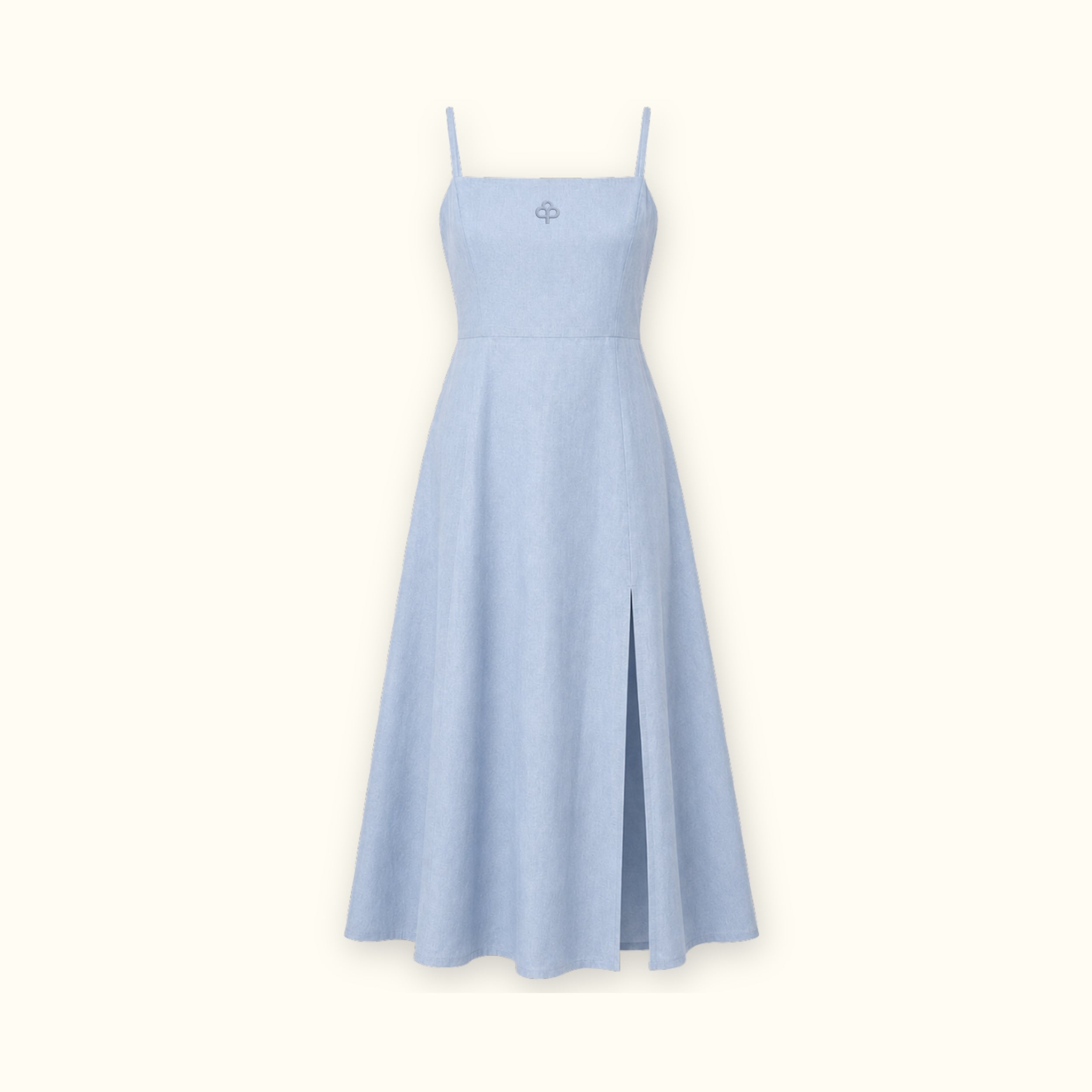 Vestito midi in lino azzurro, vista frontale, con scollo e silhouette del vestito