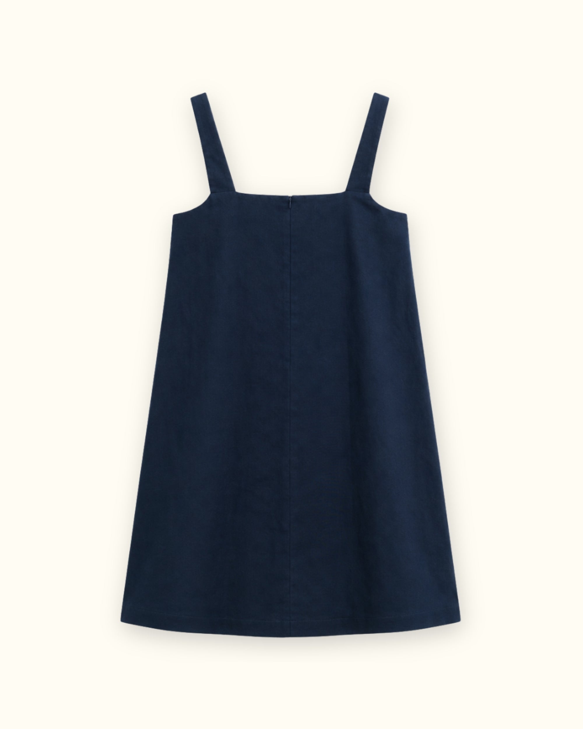 Robe mini en lin bleu marine, vue de dos, montrant l’encolure et la silhouette de la robe