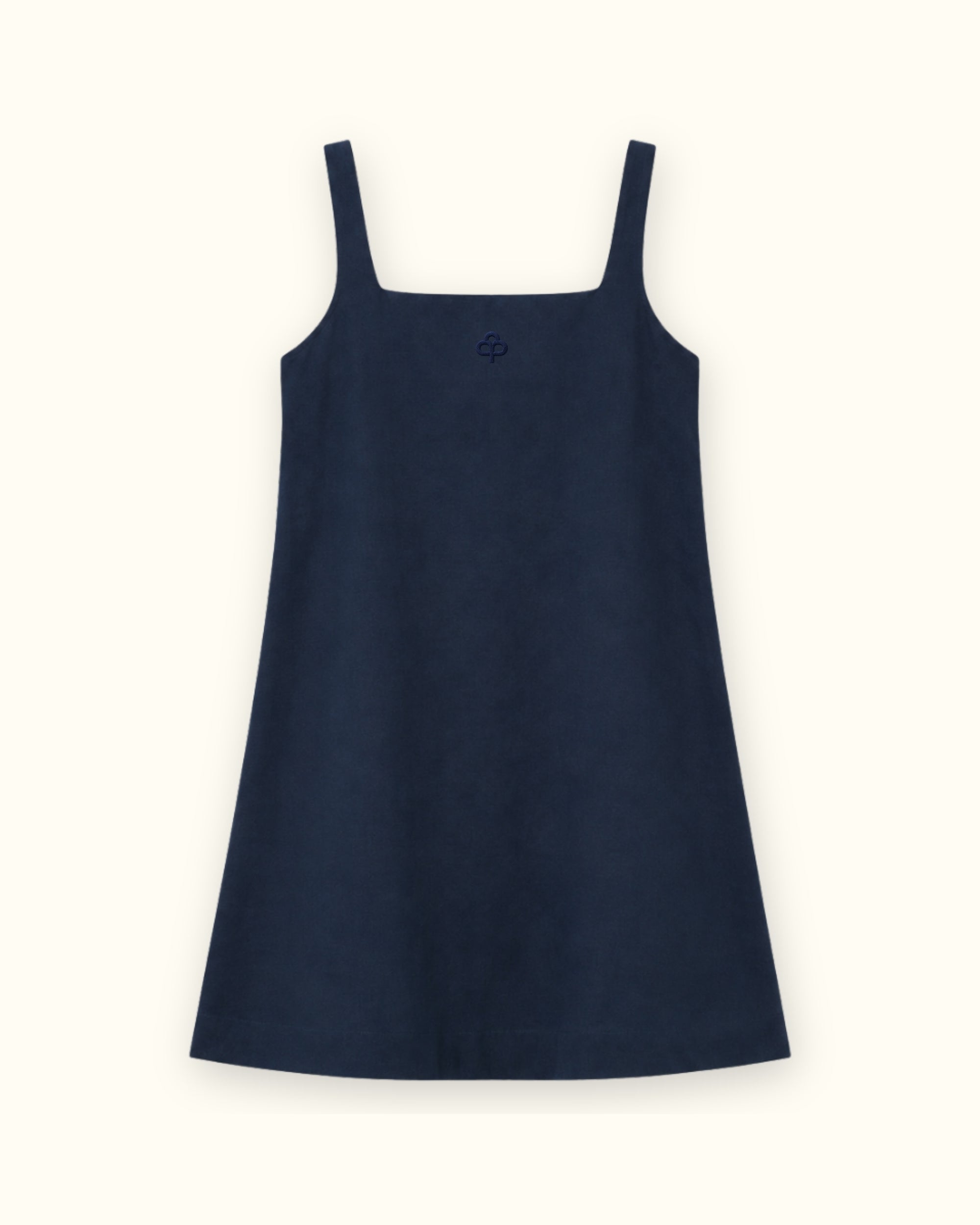 Robe mini en lin bleu marine, vue de face, montrant l’encolure et la silhouette de la robe