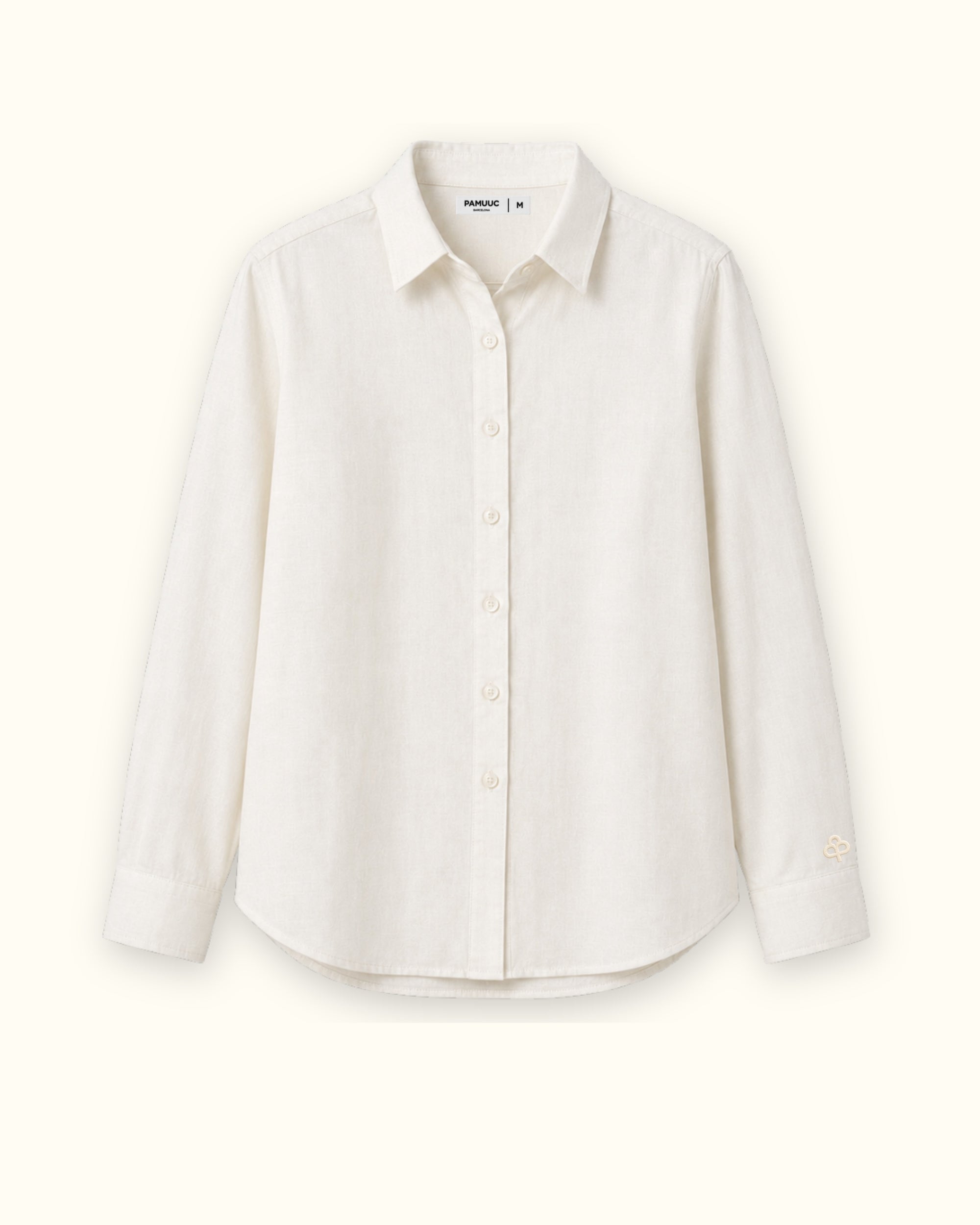 Regular Fit Linen Shirt in Off White, front view, showing collar, hem and relaxed tailoring