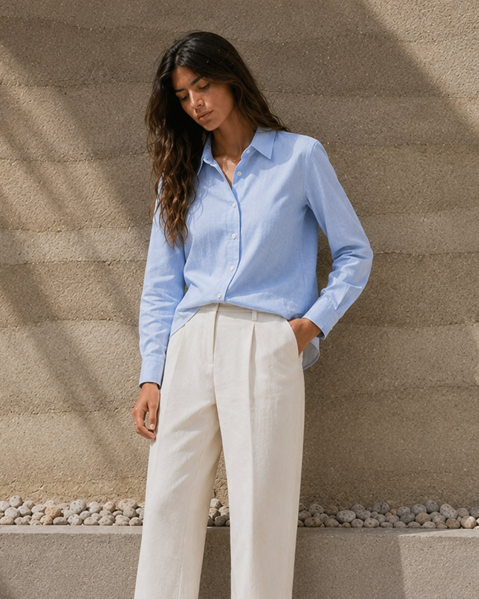 Regular Fit Linen Shirt in Light Blue, lifestyle view 3, showing collar, hem and relaxed tailoring