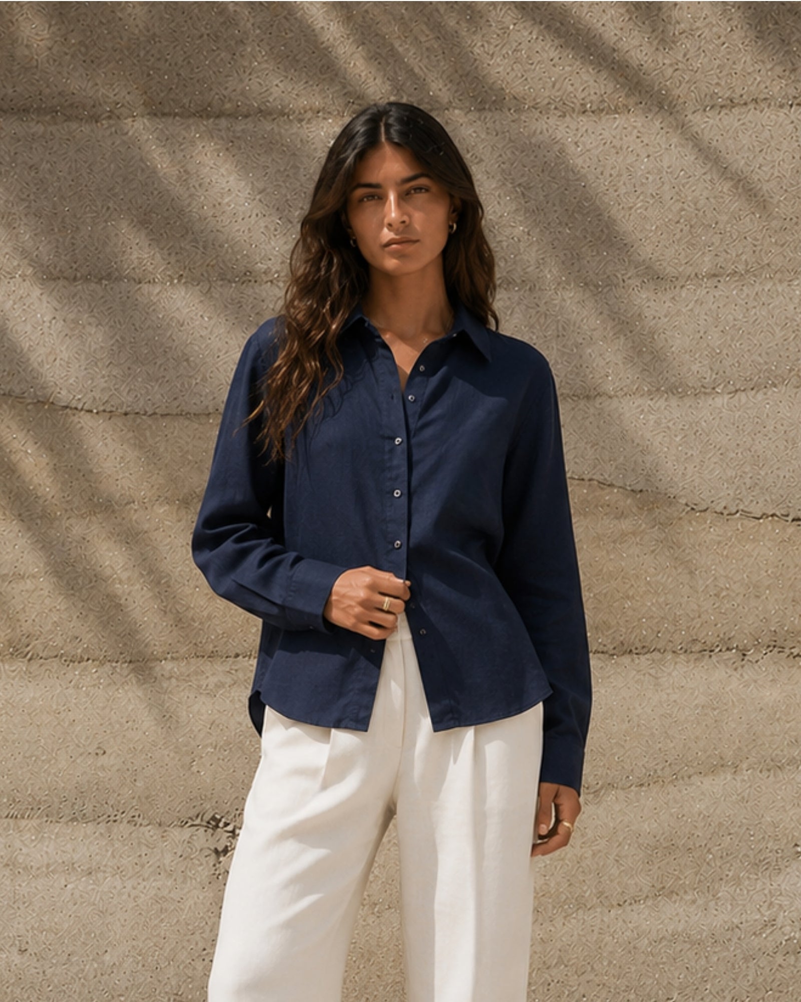 Regular Fit Linen Shirt in Navy Blue, lifestyle view 1, showing collar, hem and relaxed tailoring