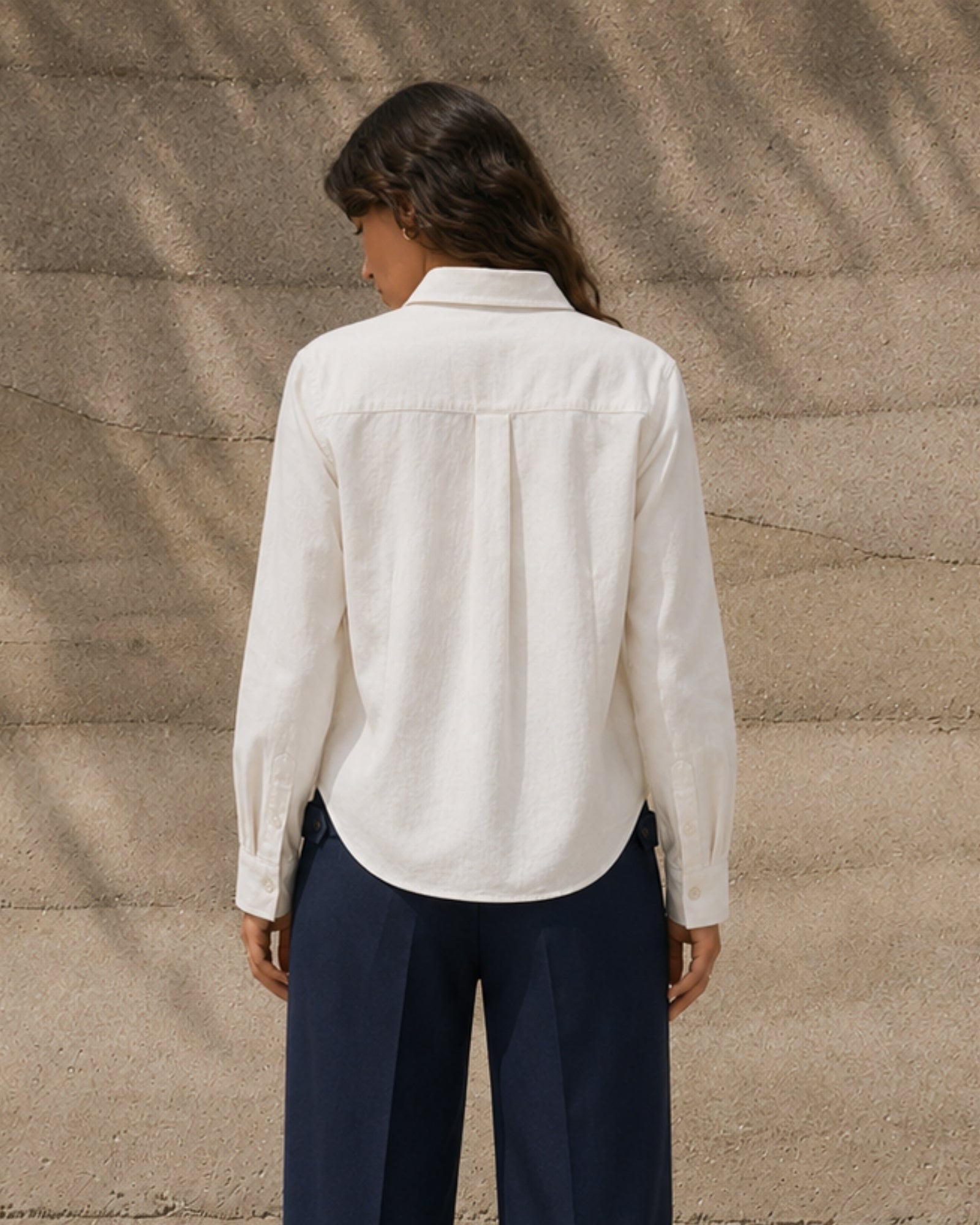 Regular Fit Linen Shirt in Off White, lifestyle view 4, showing collar, hem and relaxed tailoring