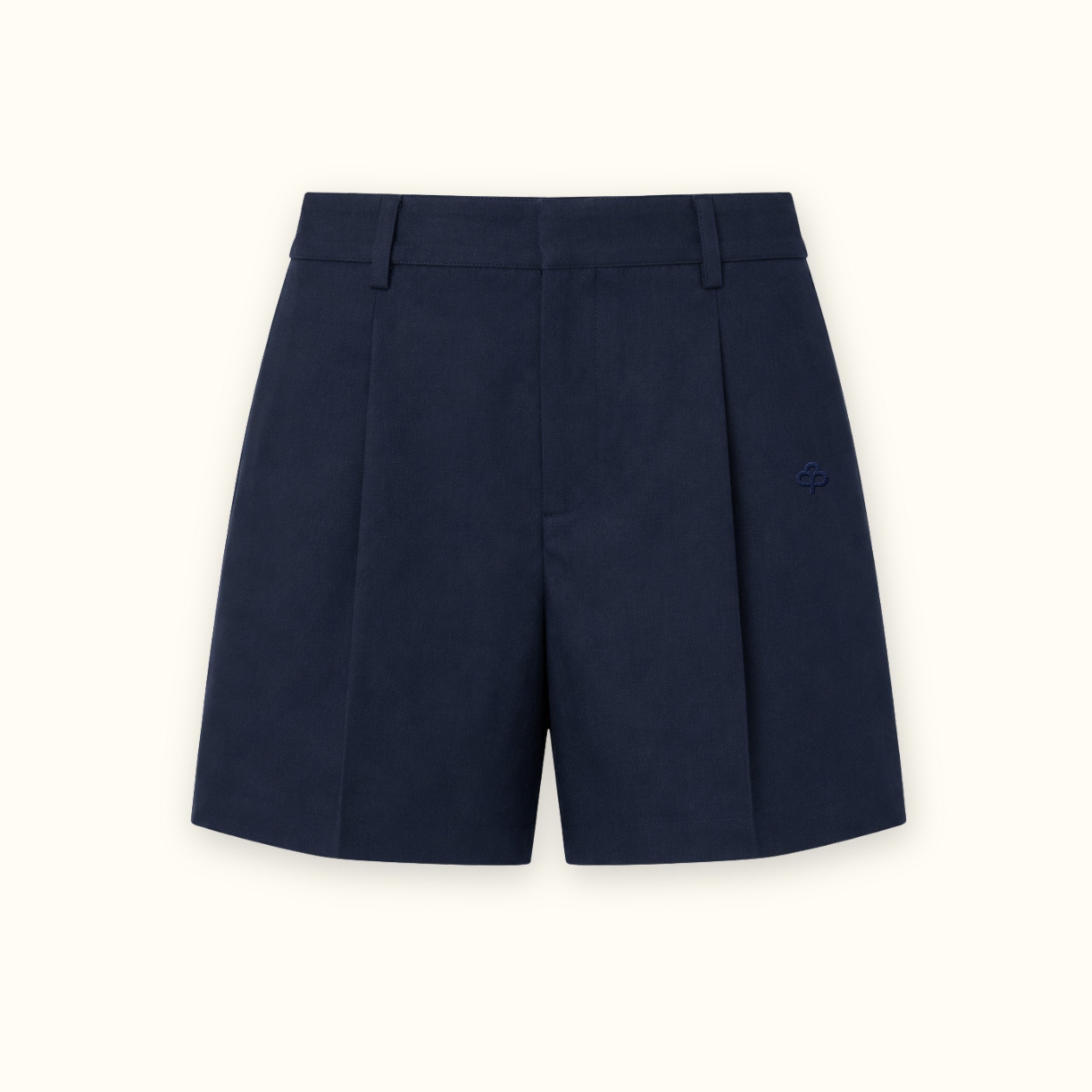 Tailored Linen Shorts in Navy Blue, front view, showing waistband and leg shape