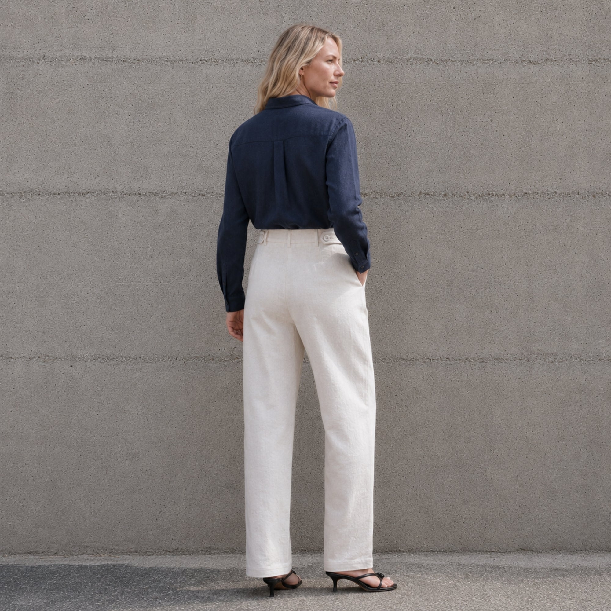Straight Leg Linen Pants in Off White, lifestyle view 4, showing pleats and straight leg shape