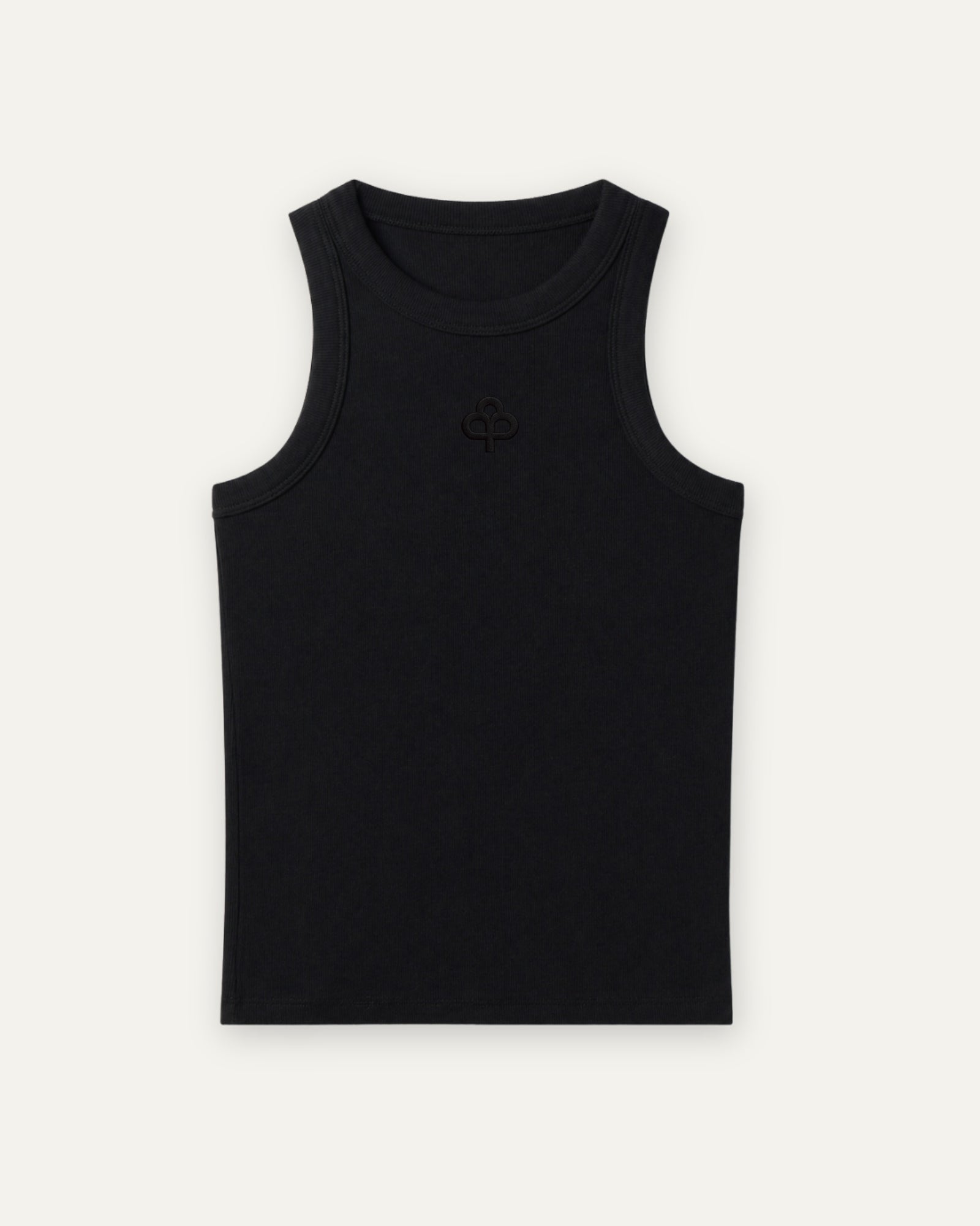 Black ribbed cotton tank top, alternate front view showing reinforced neckline and armhole binding