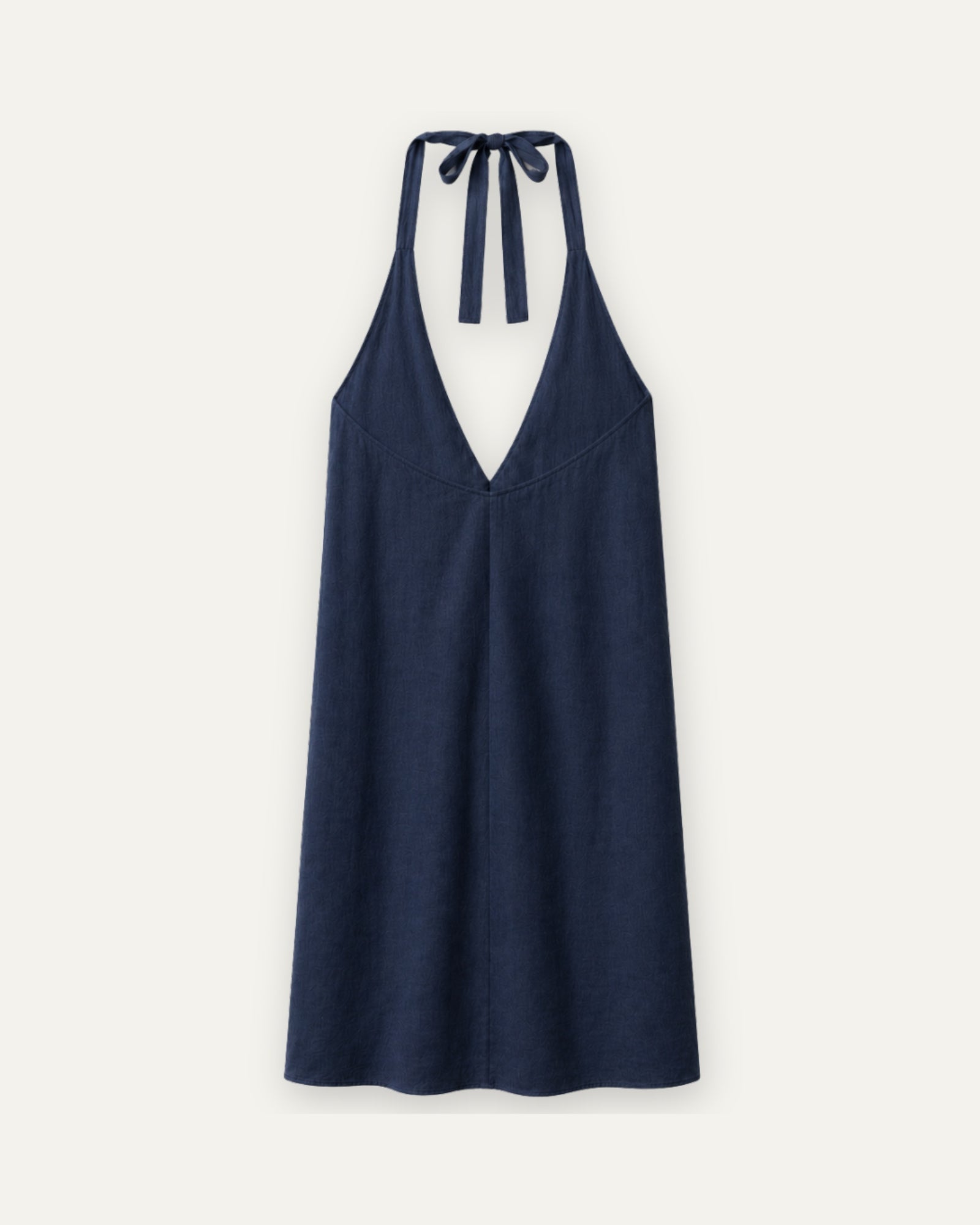 Robe halter en lin bleu marine, vue de dos, montrant l’encolure et la silhouette de la robe