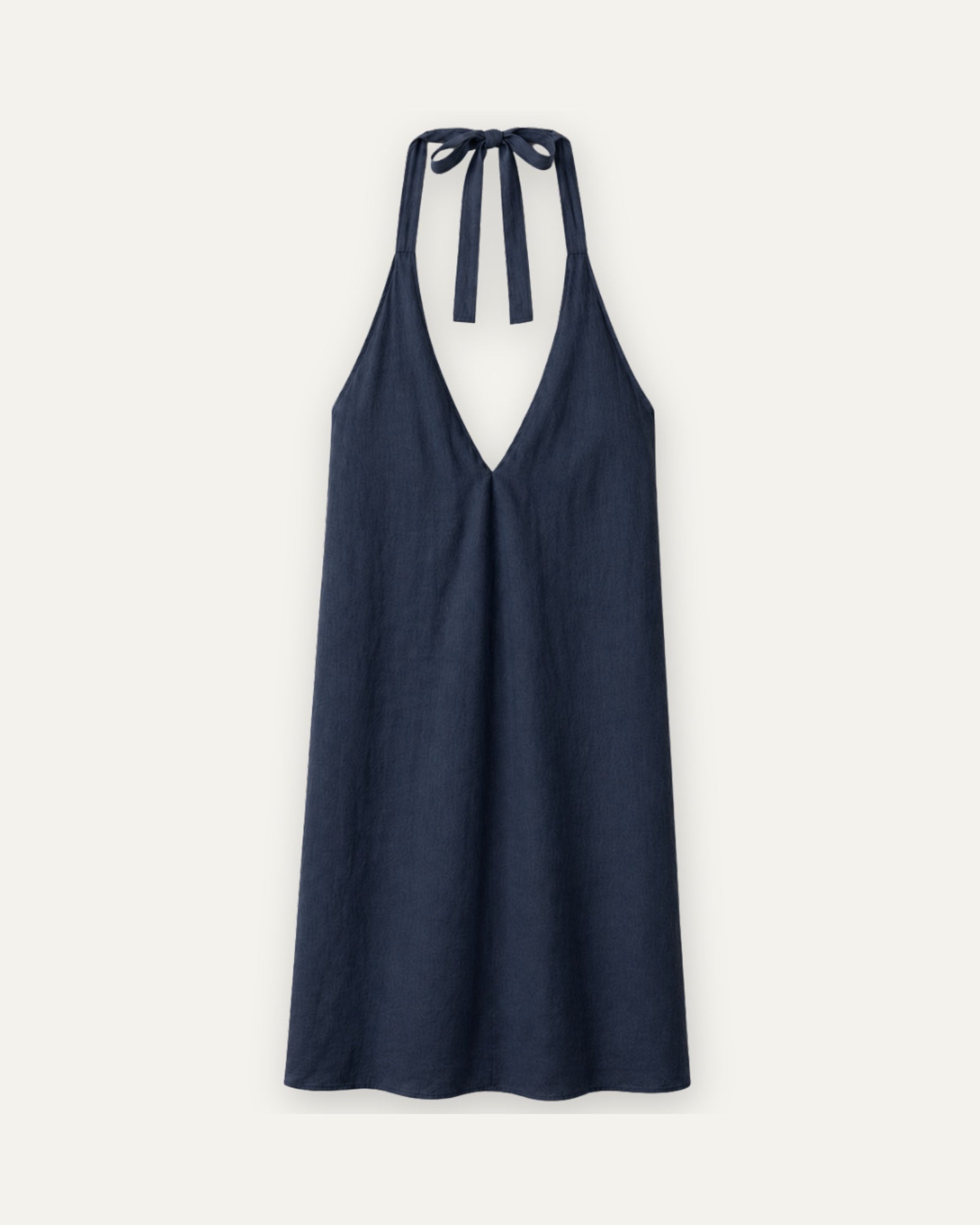 Robe halter en lin bleu marine, vue de face, montrant l’encolure et la silhouette de la robe
