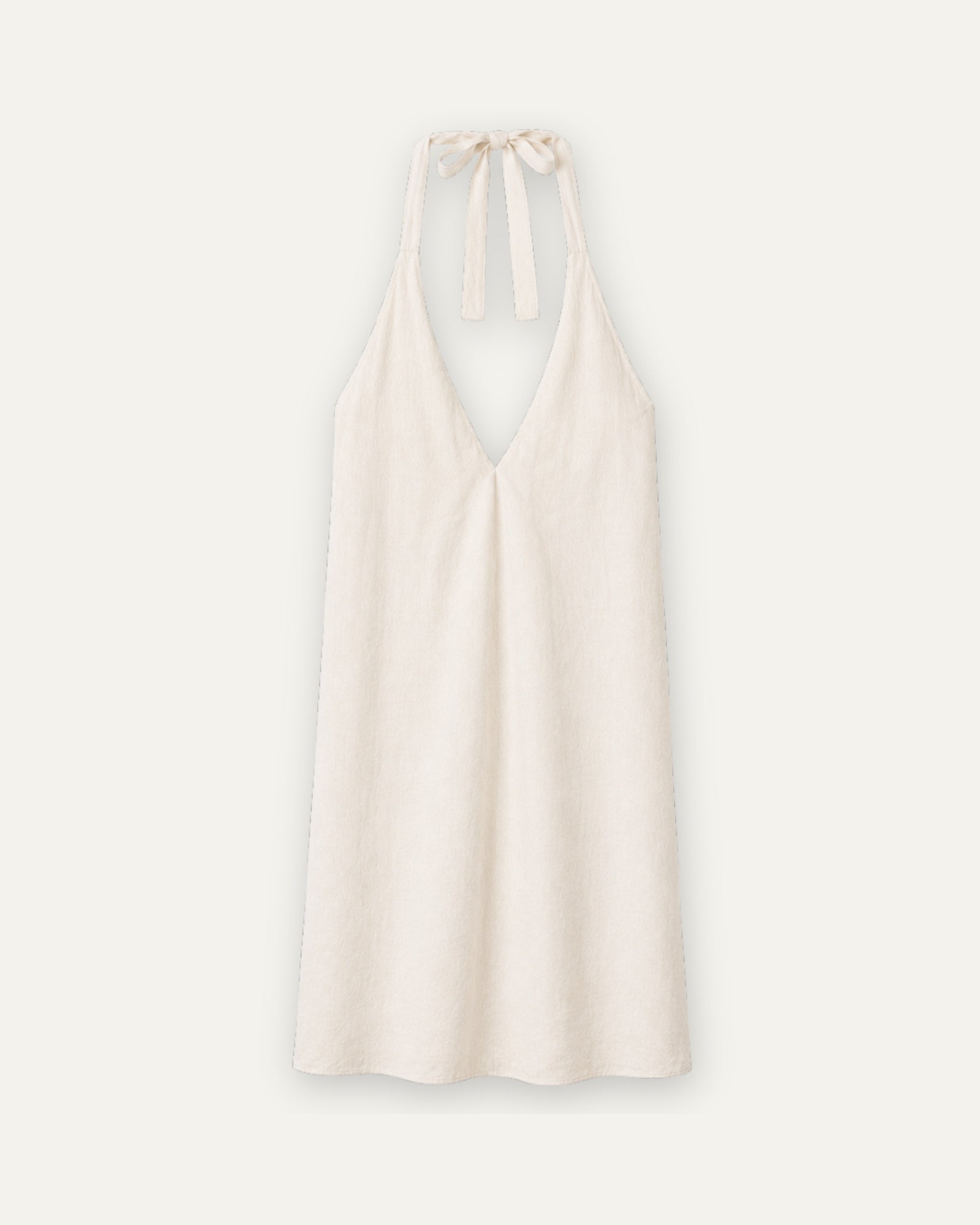 Robe halter en lin off whitee, vue de face, montrant l’encolure et la silhouette de la robe