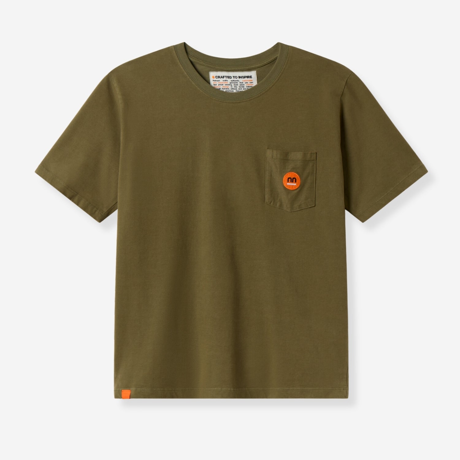 Khaki Berlin Tee with orange Pamuuc logo on pocket.