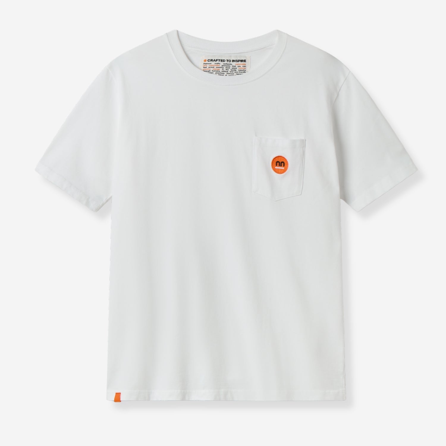 Front view of a white t-shirt with a small orange Pamuuc logo on the pocket.