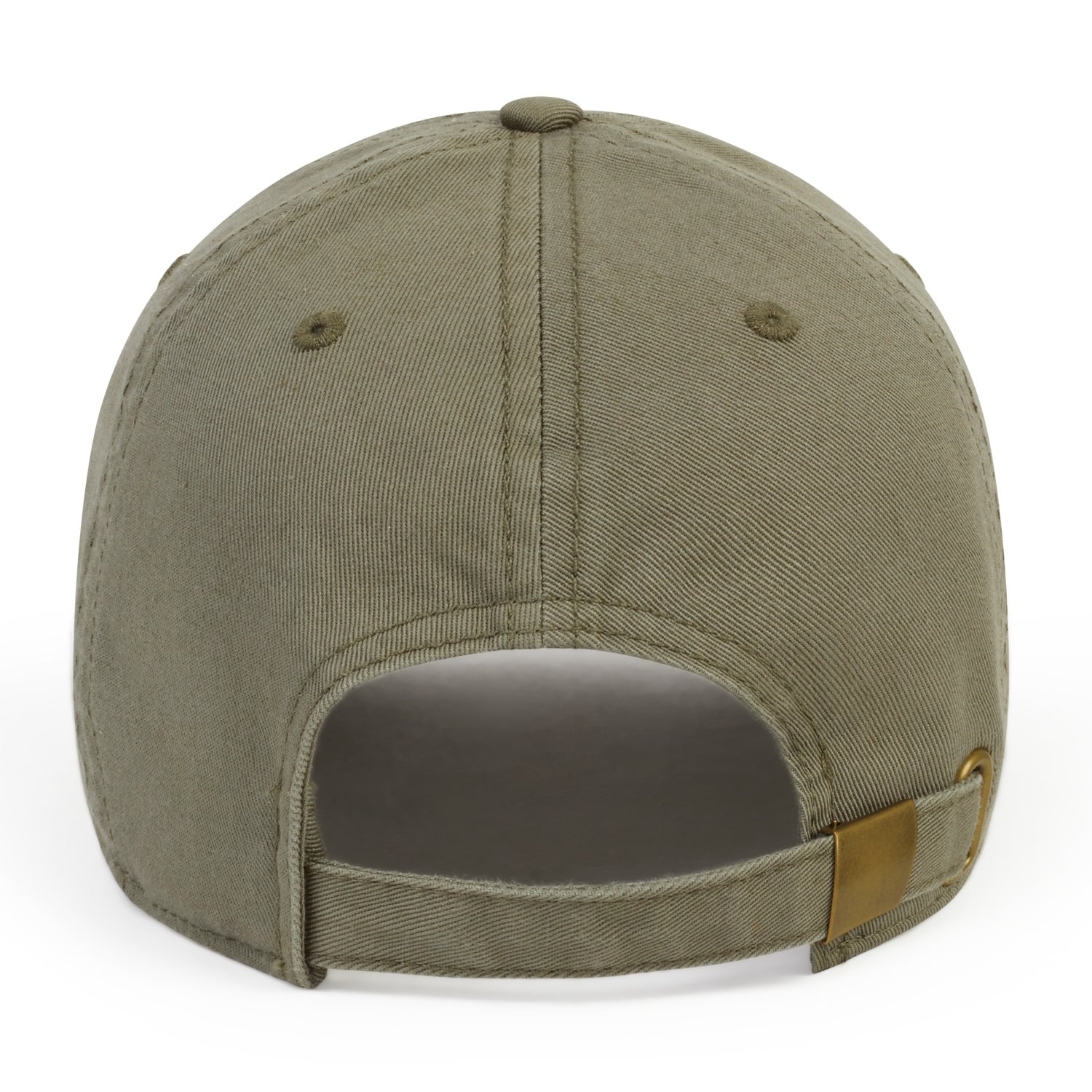 Back view of the khaki baseball cap showing the adjustable strap with a metallic buckle.