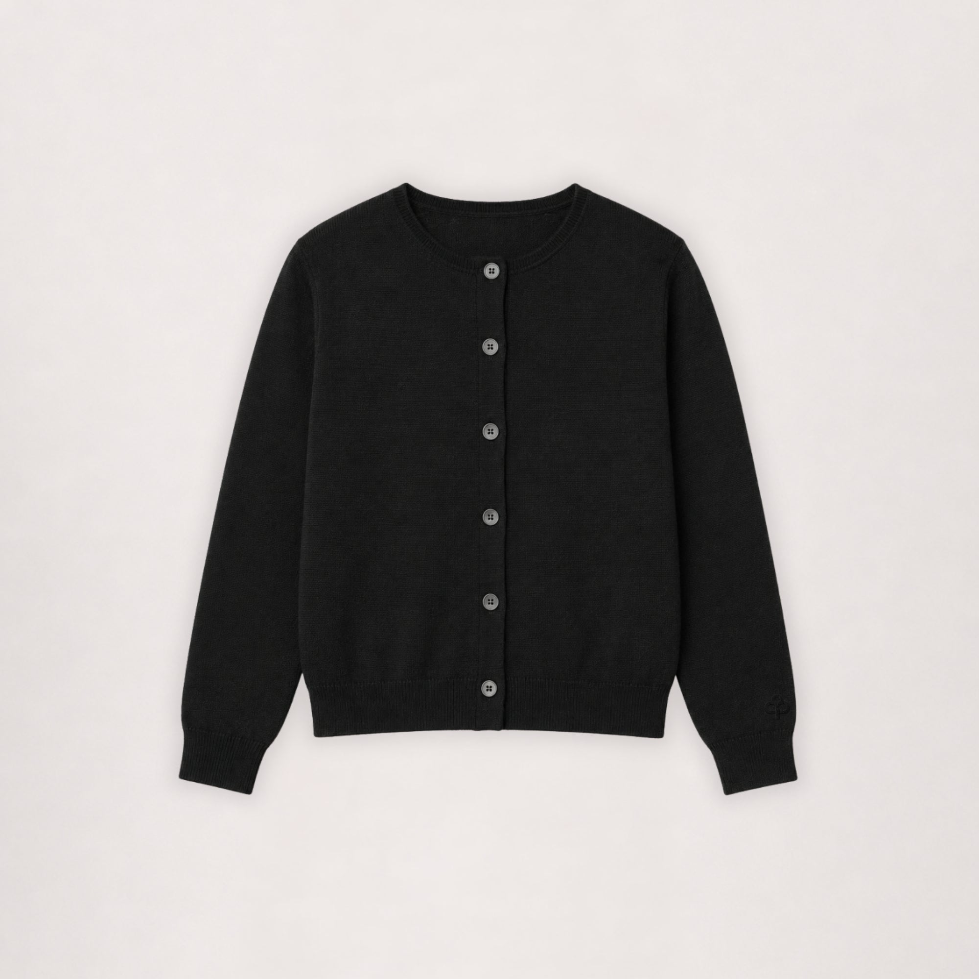 Merino cardigan in black, flat lay front view with button placket