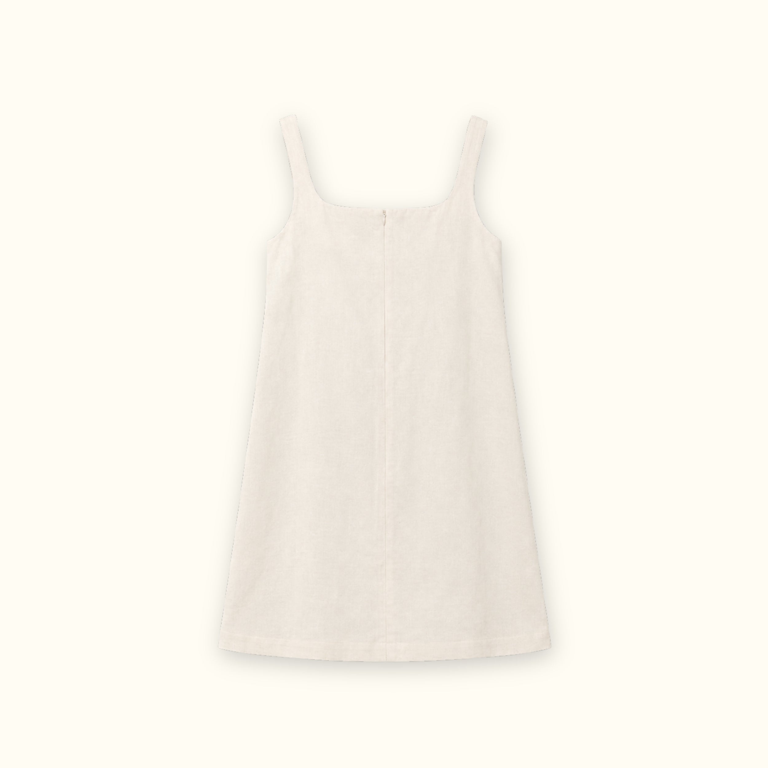 Linen Mini Dress in Off White, back view, showing neckline and dress silhouette