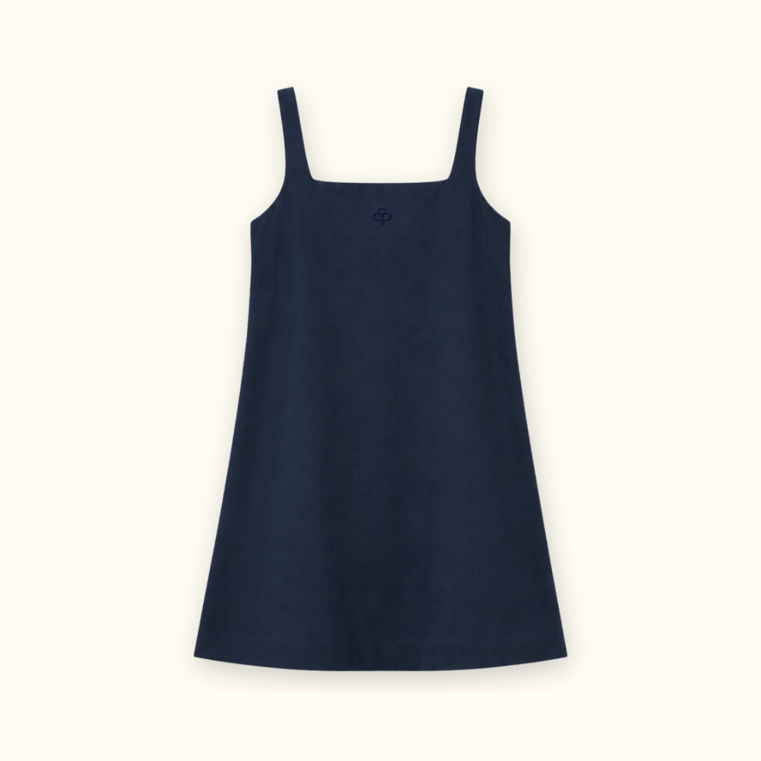 Vestido mini de lino en azul marino, vista frontal, mostrando el escote y la silueta del vestido