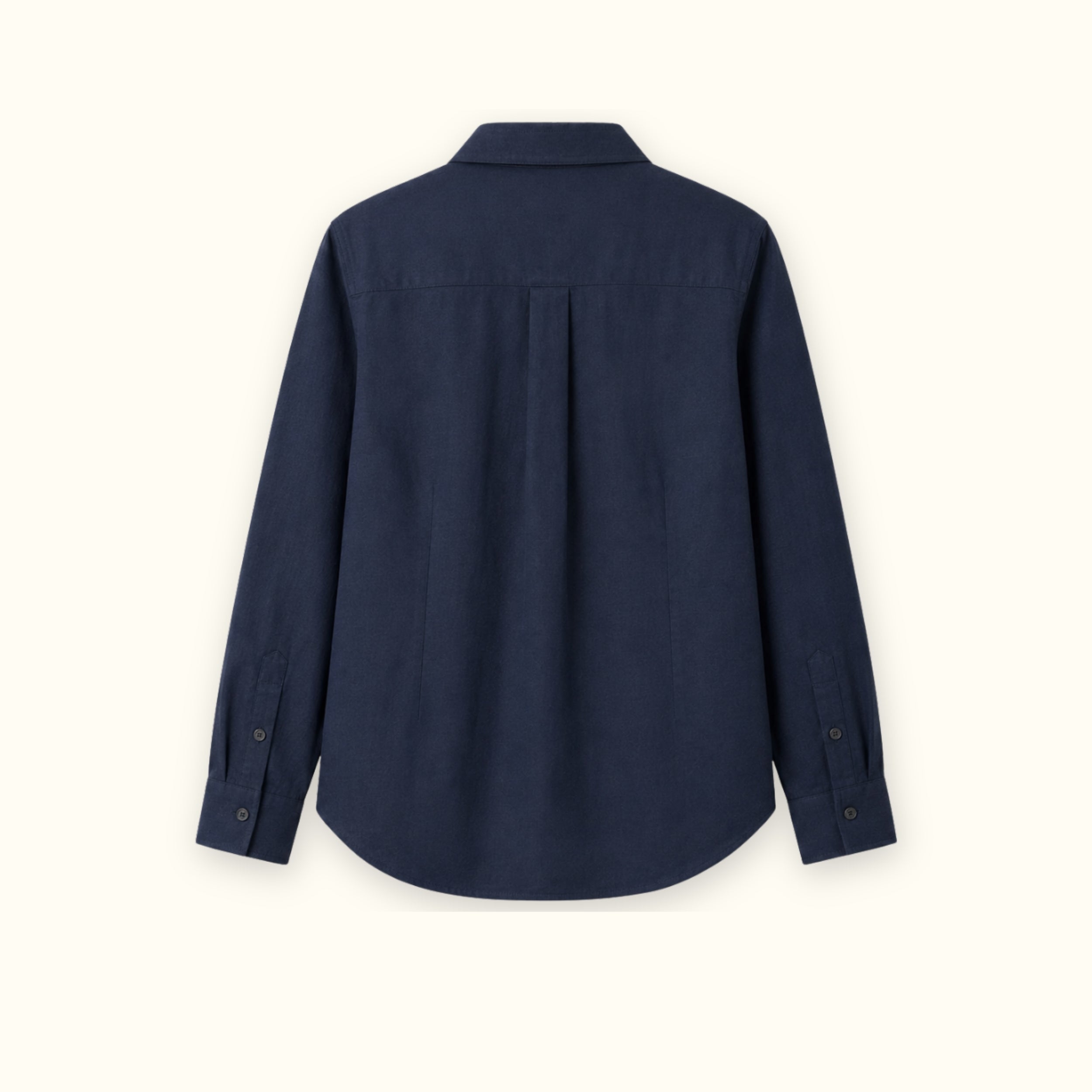 Regular Fit Linen Shirt in Navy Blue, back view, showing collar, hem and relaxed tailoring
