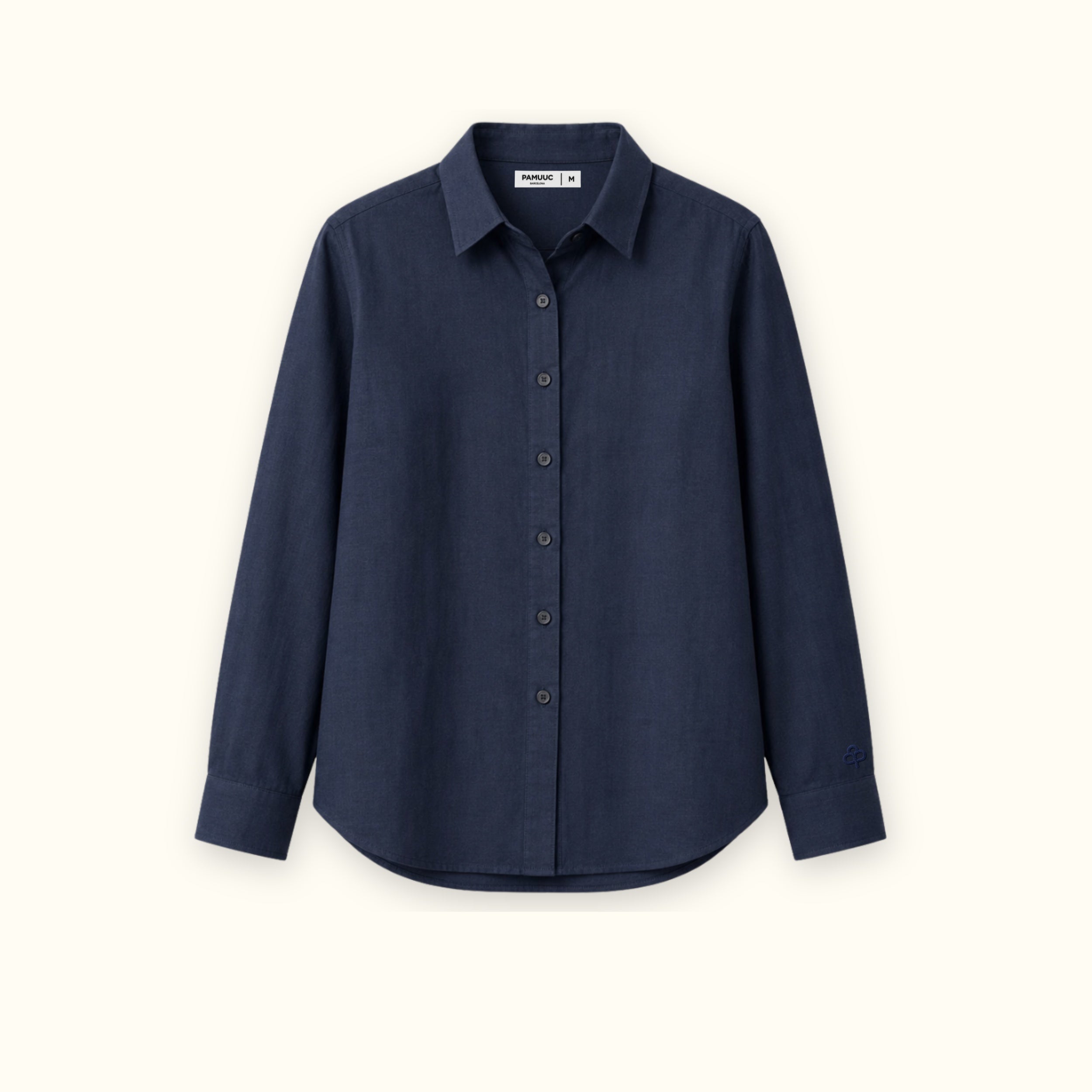 Regular Fit Linen Shirt in Navy Blue, front view, showing collar, hem and relaxed tailoring