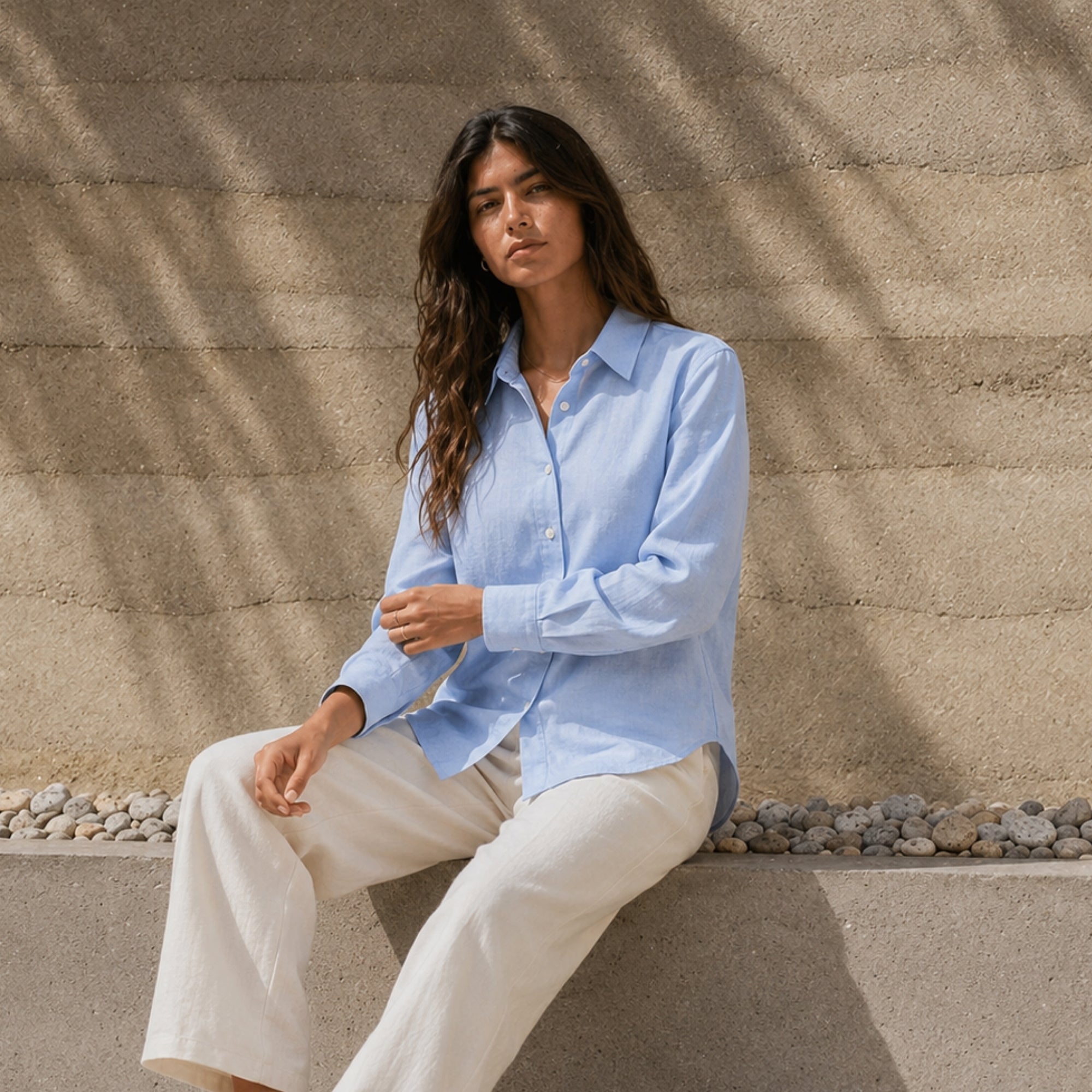 Regular Fit Linen Shirt in Light Blue, lifestyle view 1, showing collar, hem and relaxed tailoring