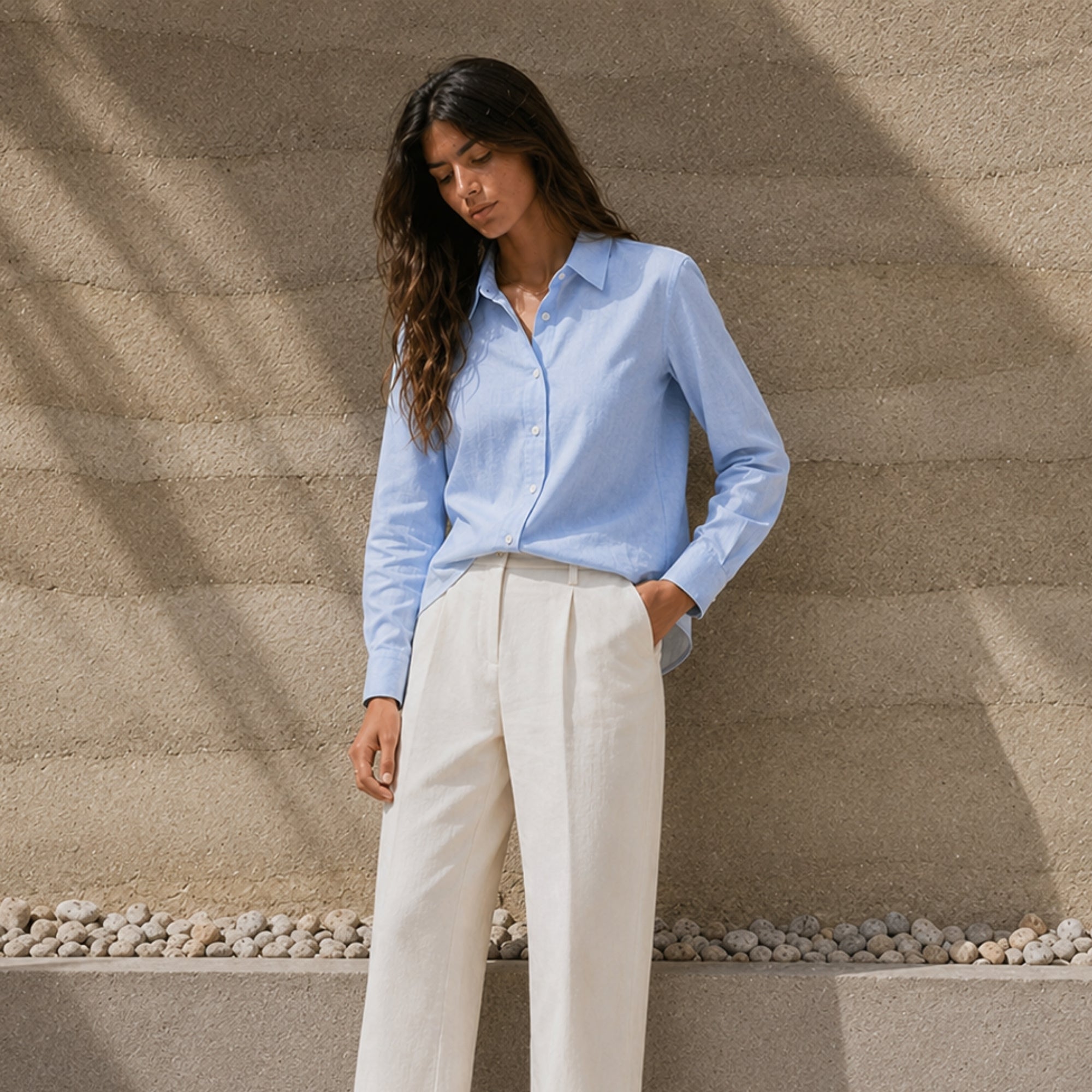 Regular Fit Linen Shirt in Light Blue, lifestyle view 3, showing collar, hem and relaxed tailoring