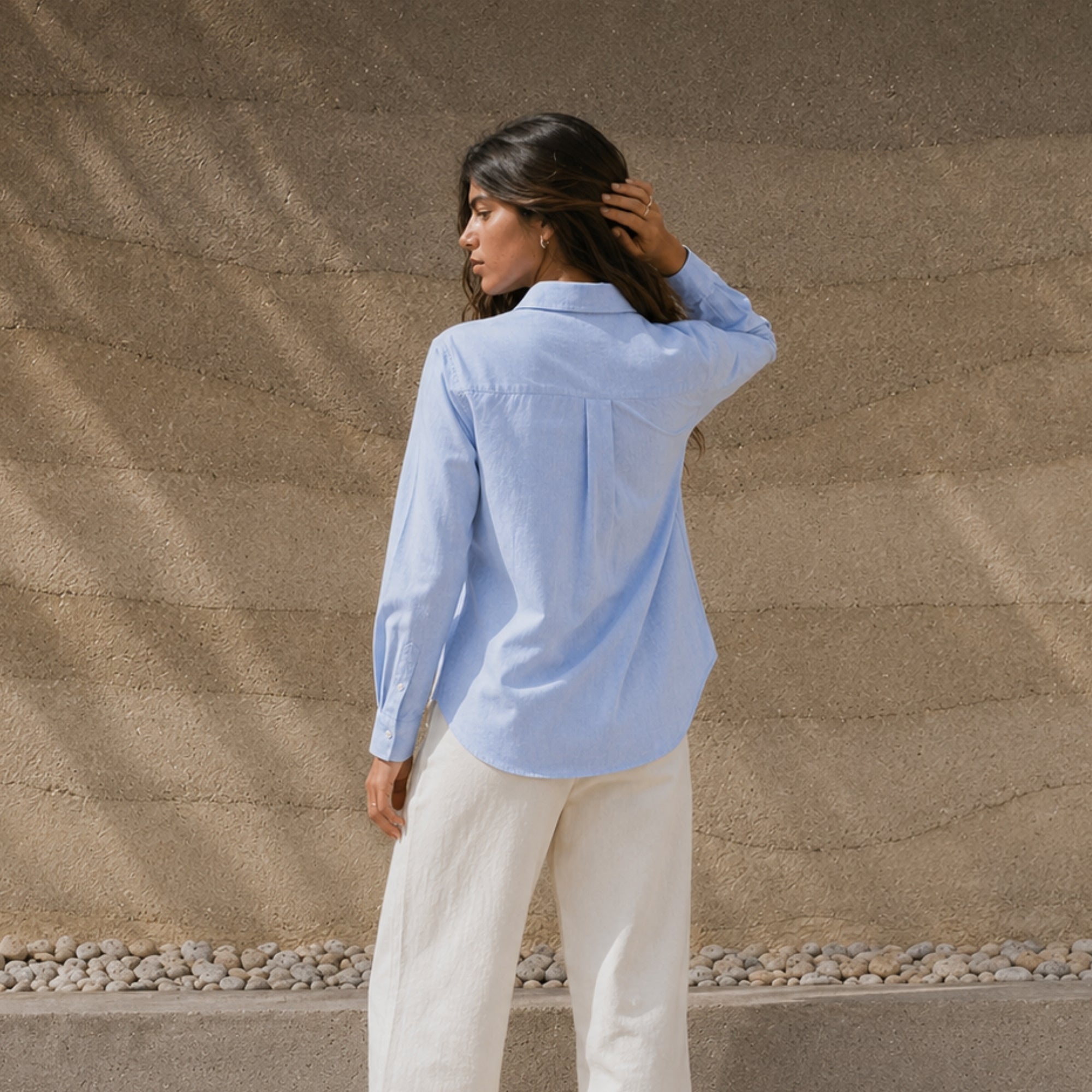 Regular Fit Linen Shirt in Light Blue, lifestyle view 4, showing collar, hem and relaxed tailoring