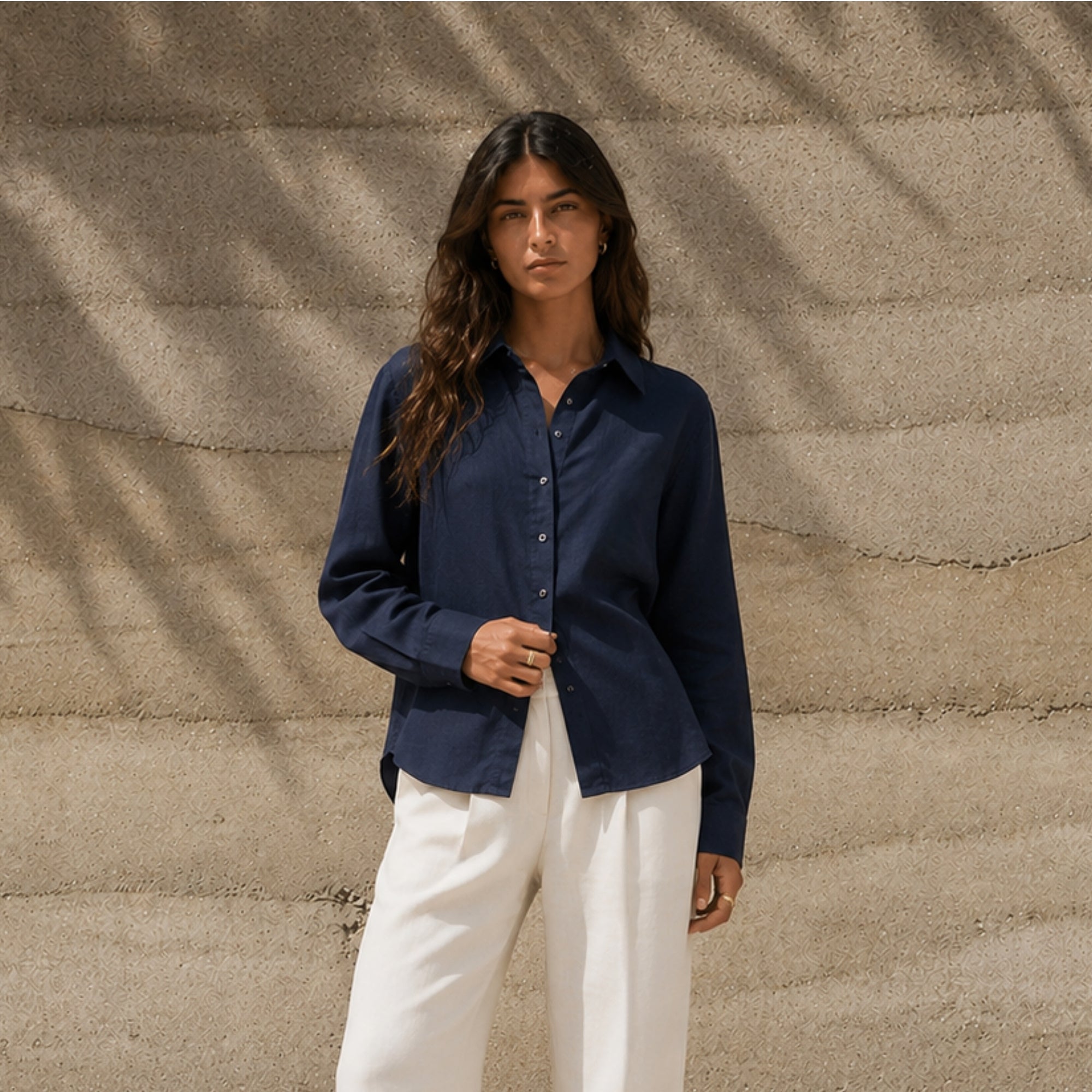 Regular Fit Linen Shirt in Navy Blue, lifestyle view 1, showing collar, hem and relaxed tailoring