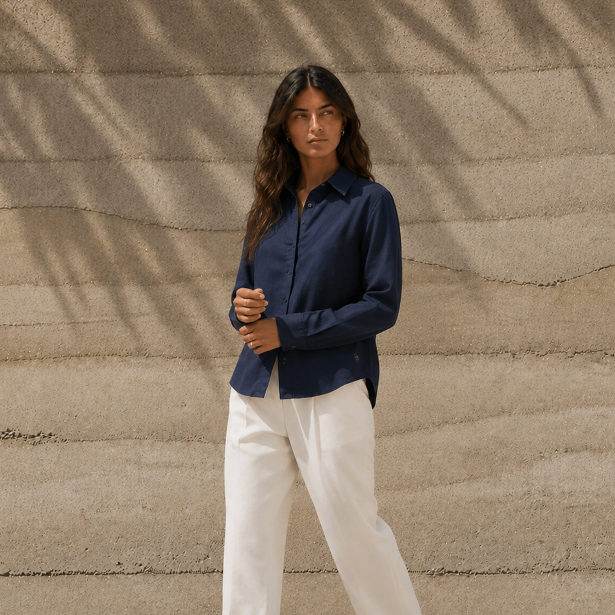 Regular Fit Linen Shirt in Navy Blue, lifestyle view 2, showing collar, hem and relaxed tailoring