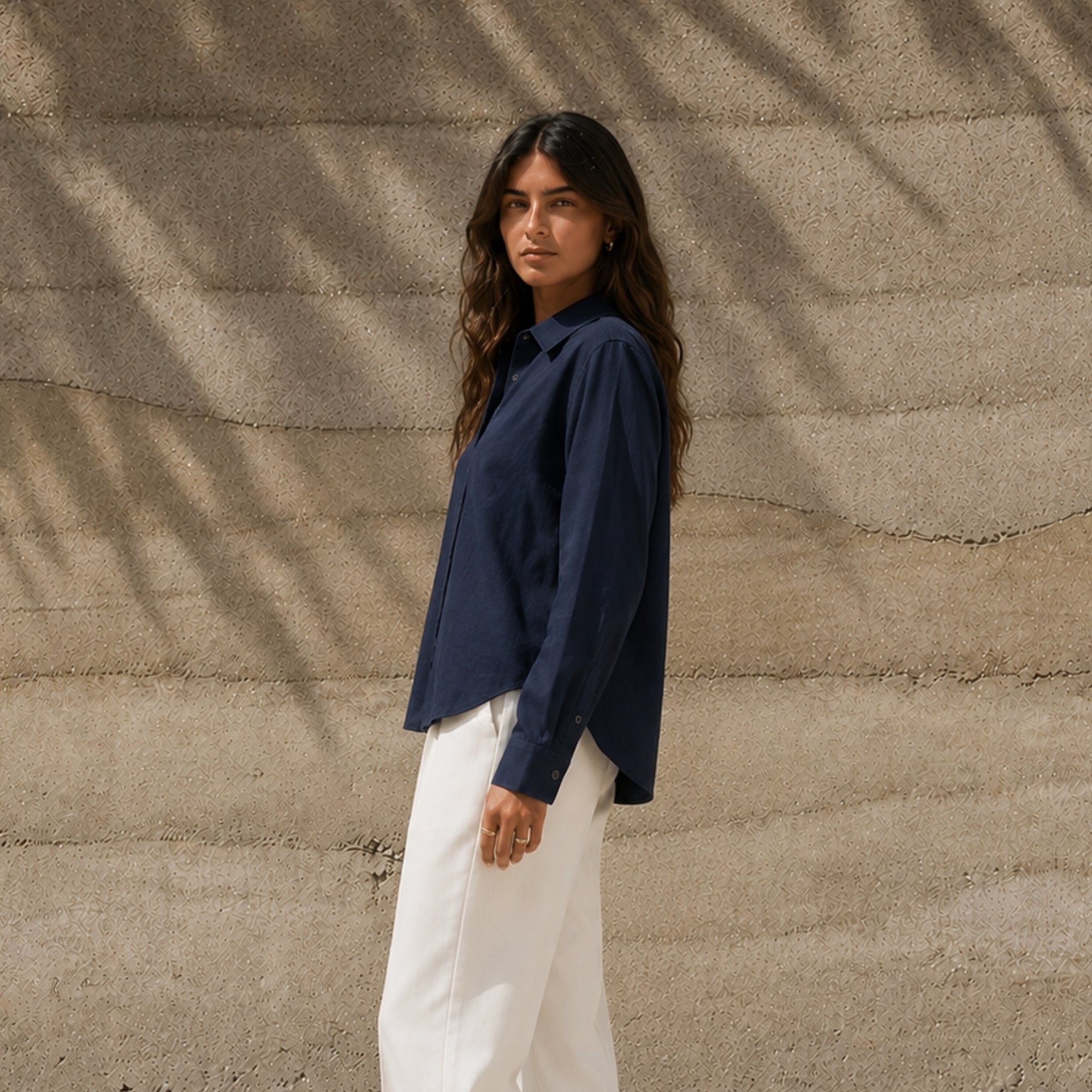 Regular Fit Linen Shirt in Navy Blue, lifestyle view 3, showing collar, hem and relaxed tailoring