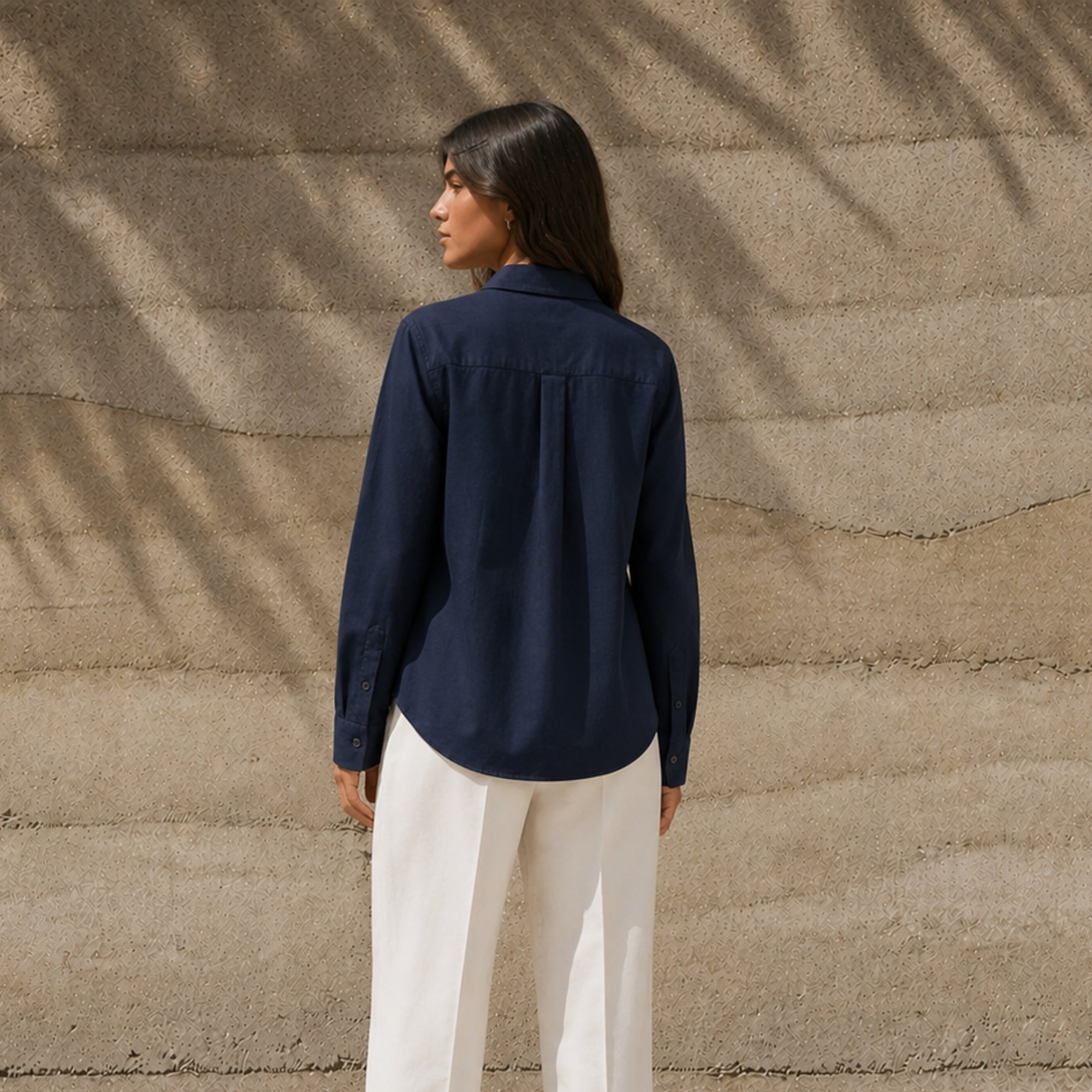 Regular Fit Linen Shirt in Navy Blue, lifestyle view 4, showing collar, hem and relaxed tailoring