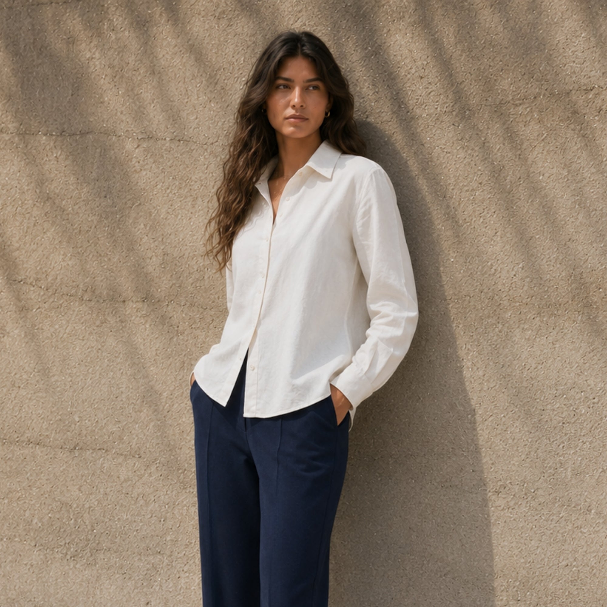 Regular Fit Linen Shirt in Off White, lifestyle view 2, showing collar, hem and relaxed tailoring