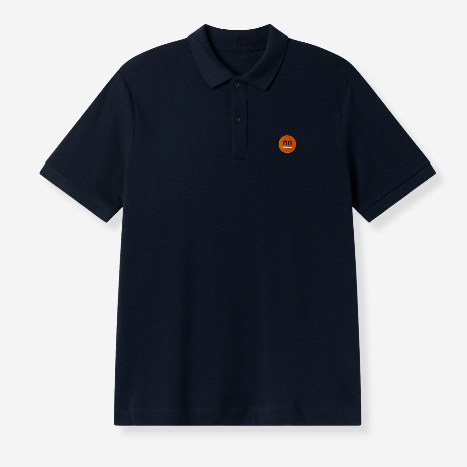 Navy polo front view with Pamuuc isotope logo.