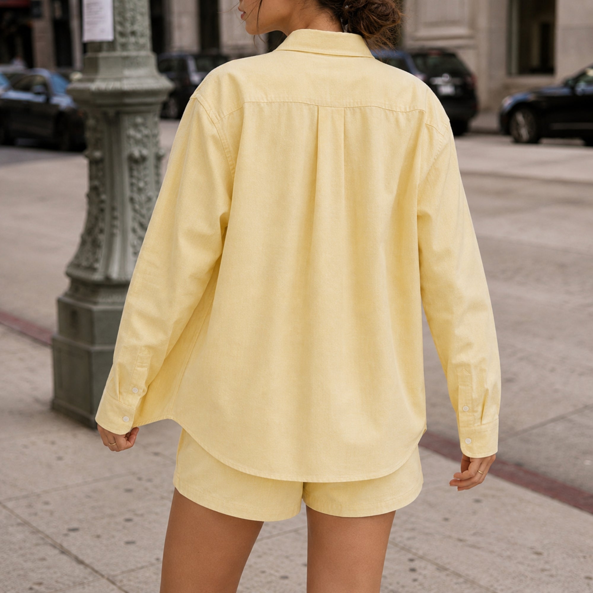 Medium Fit Oxford Shirt in Soft Yellow Oxford, lifestyle view 2, showing collar, hem and relaxed tailoring