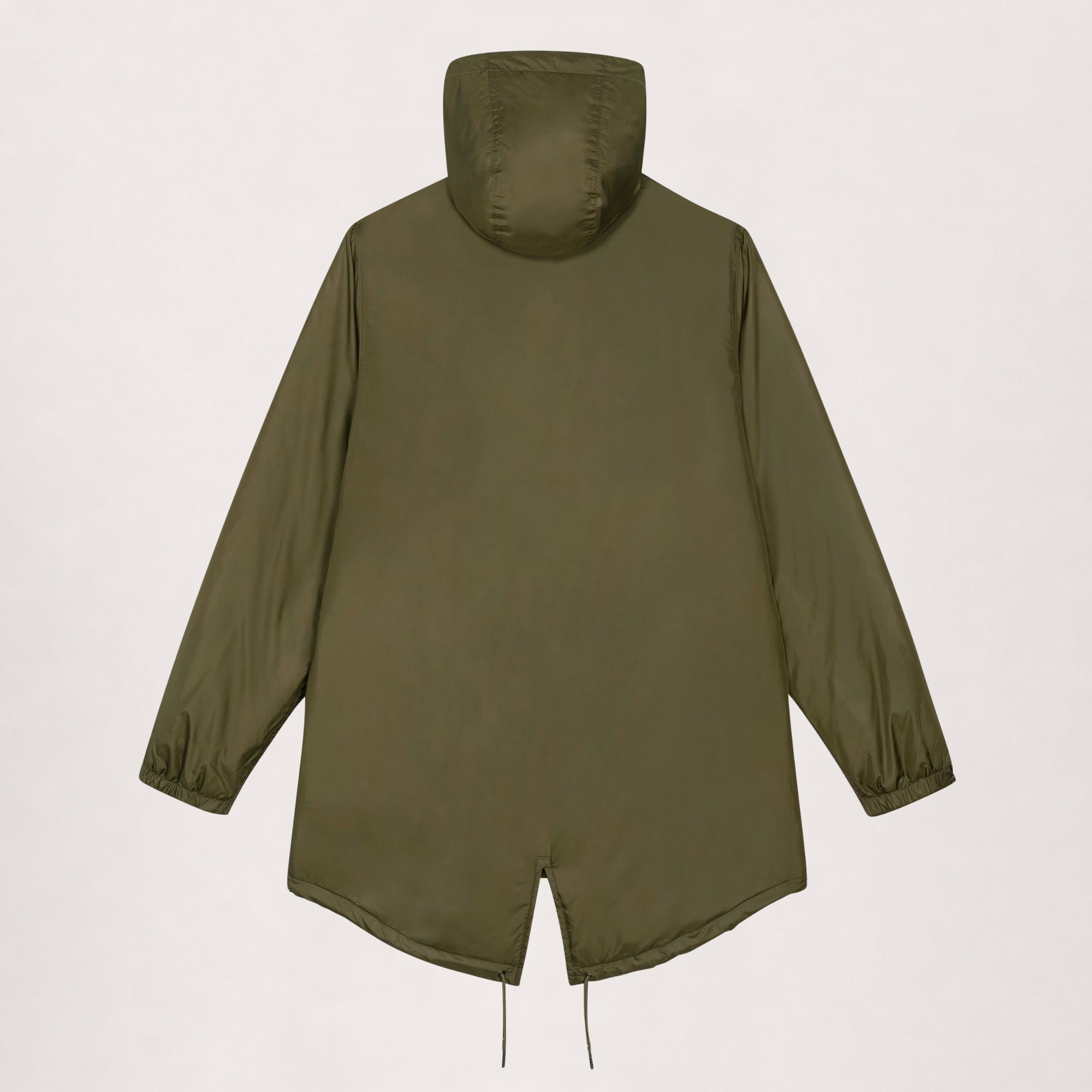 Padded parka in khaki, flat lay back view with fishtail hem and drawcord