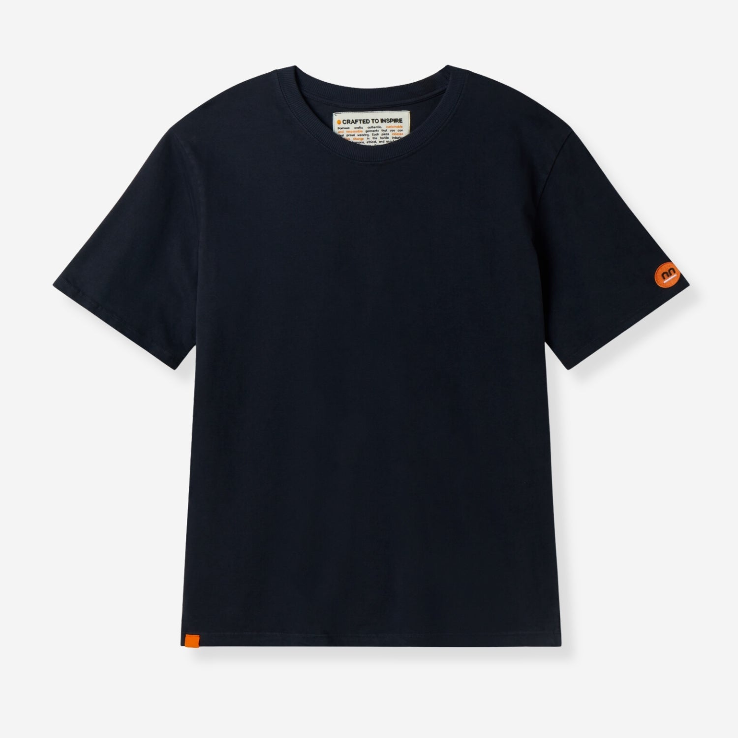 Front Navy T-Shirt view with pamuuc isotope logo embroidered on left sleeve.