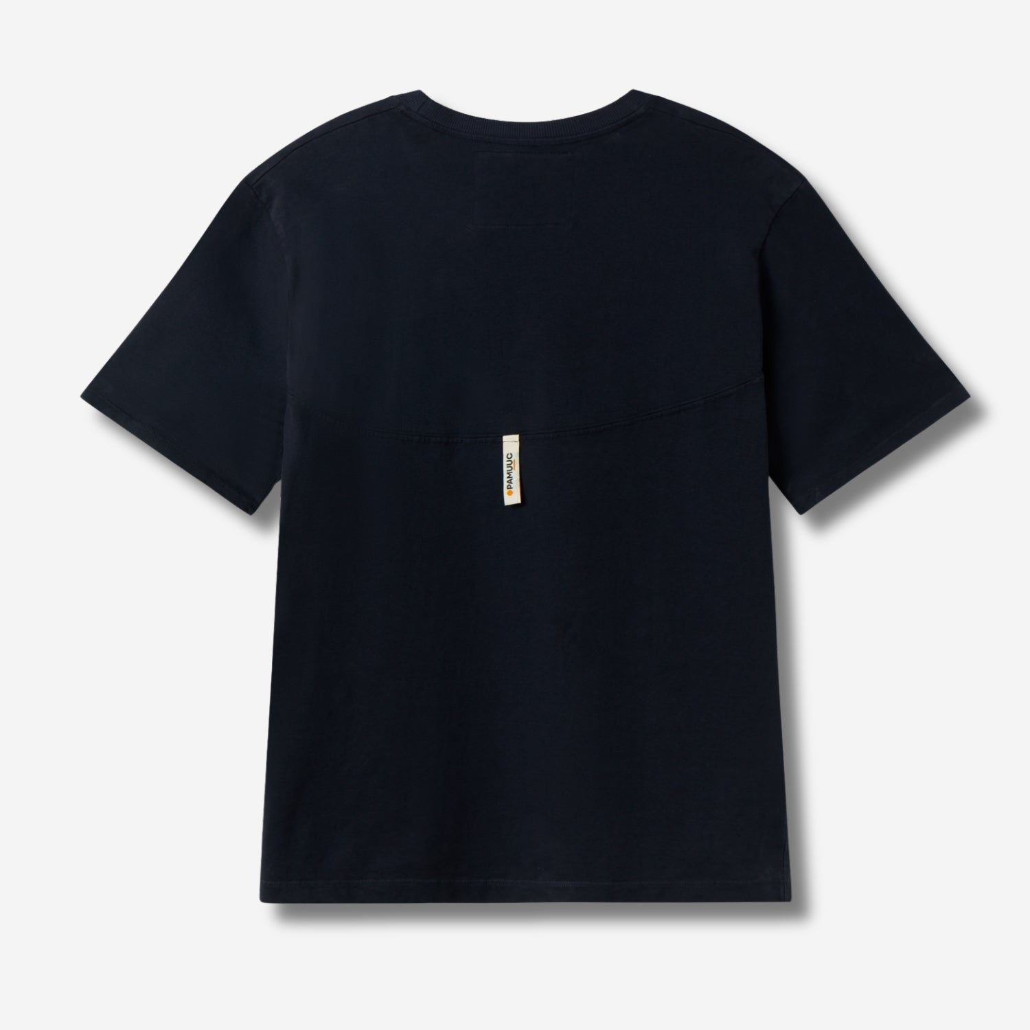 Back of navy t-shirt with hang cotton woven pamuuc label 