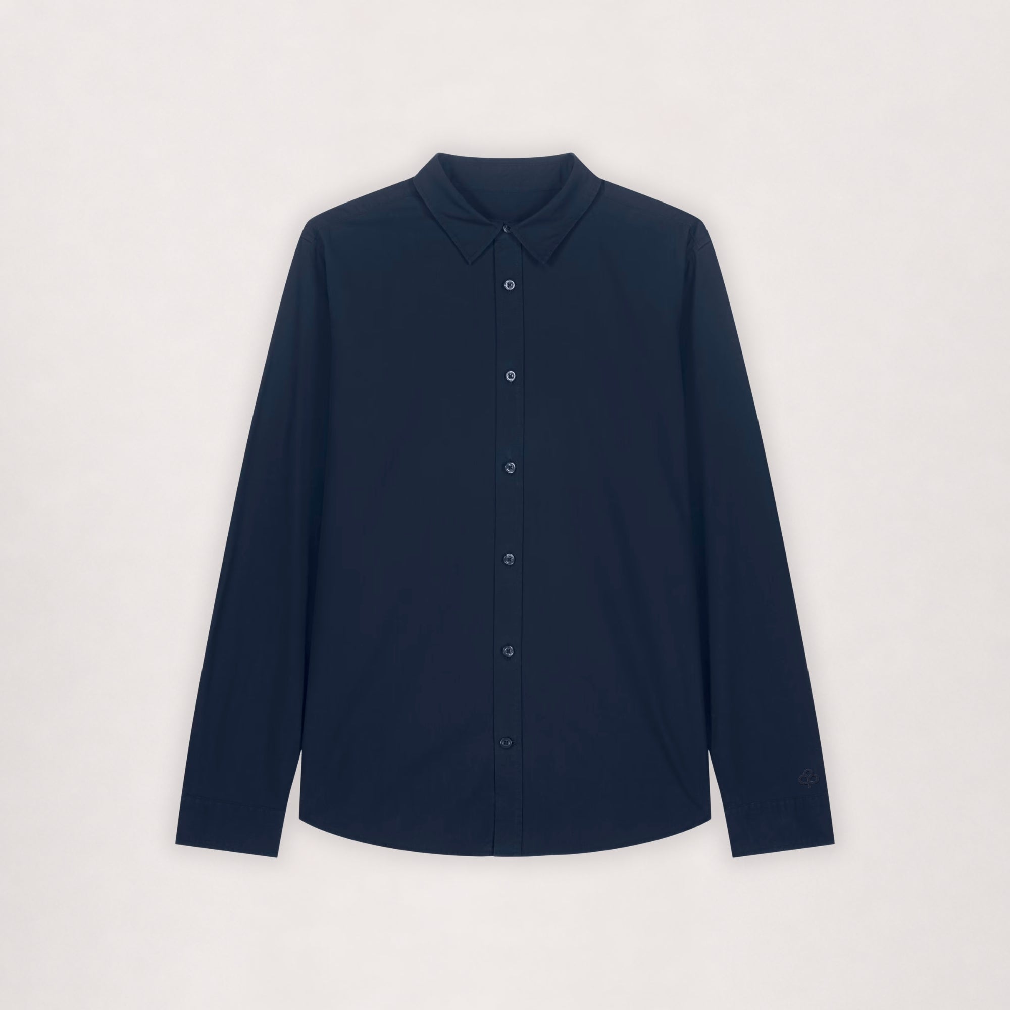 Poplin shirt in navy, flat lay front view with button placket
