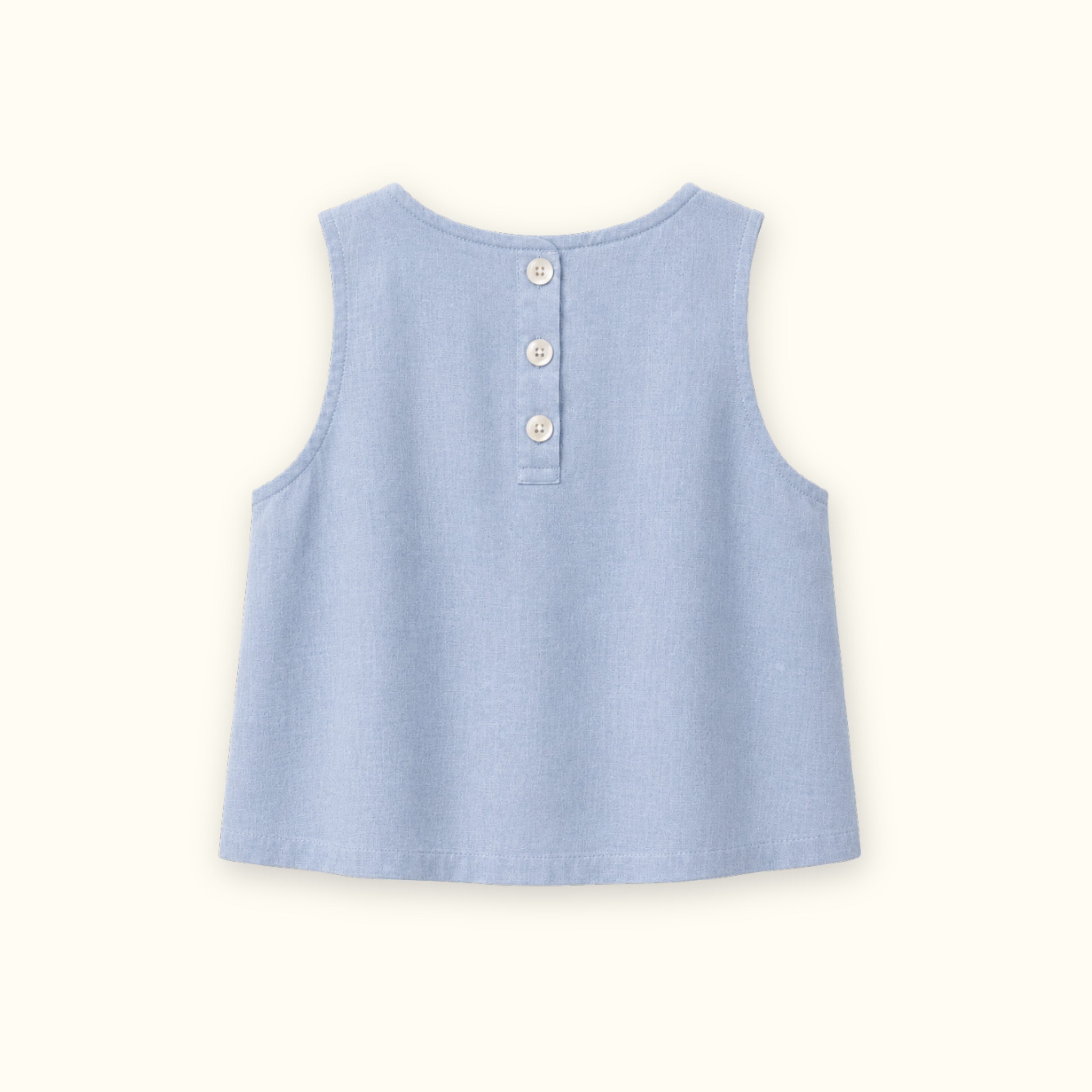 Sleeveless Linen Top in Light Blue, back view, showing neckline and sleeveless shape