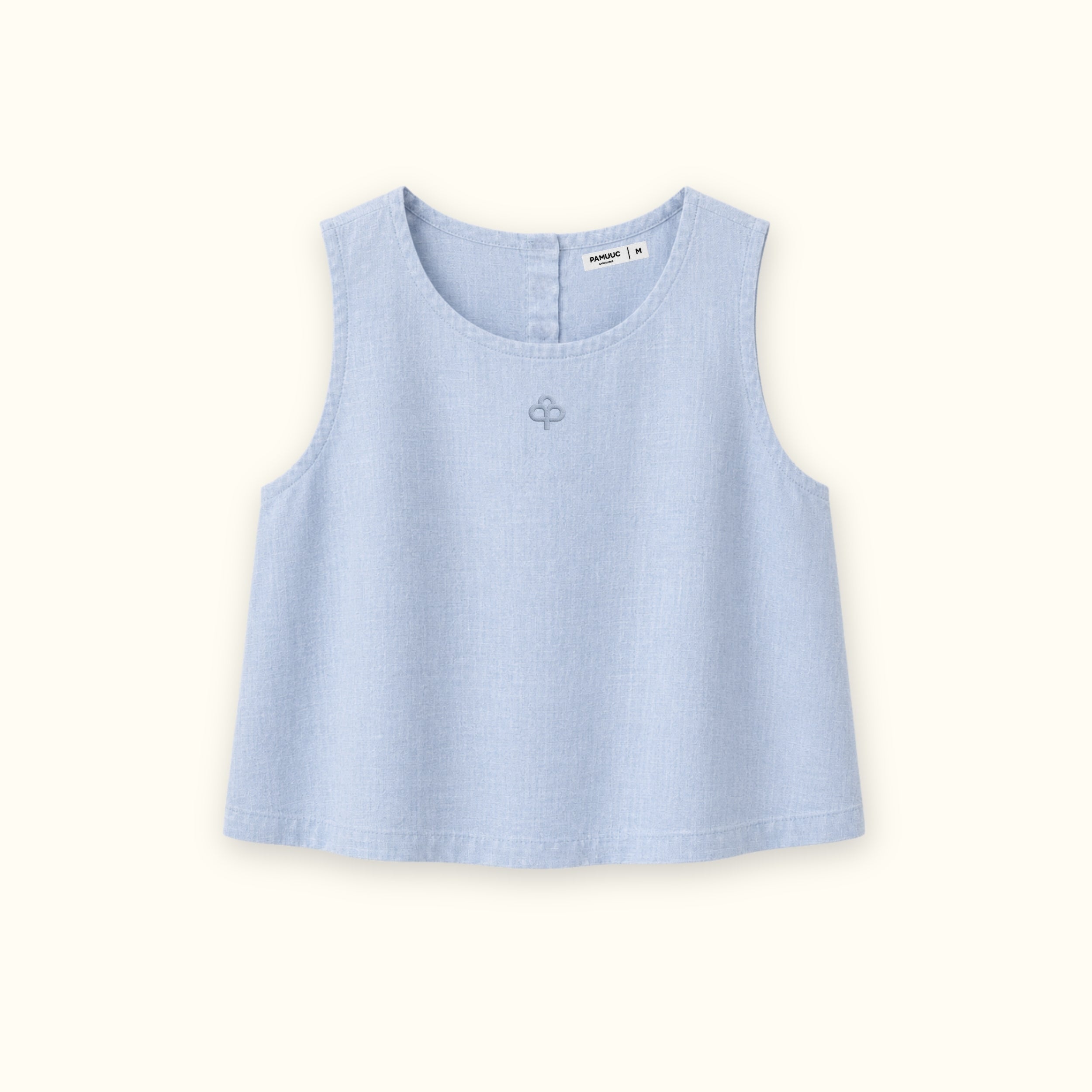 Sleeveless Linen Top in Light Blue, front view, showing neckline and sleeveless shape