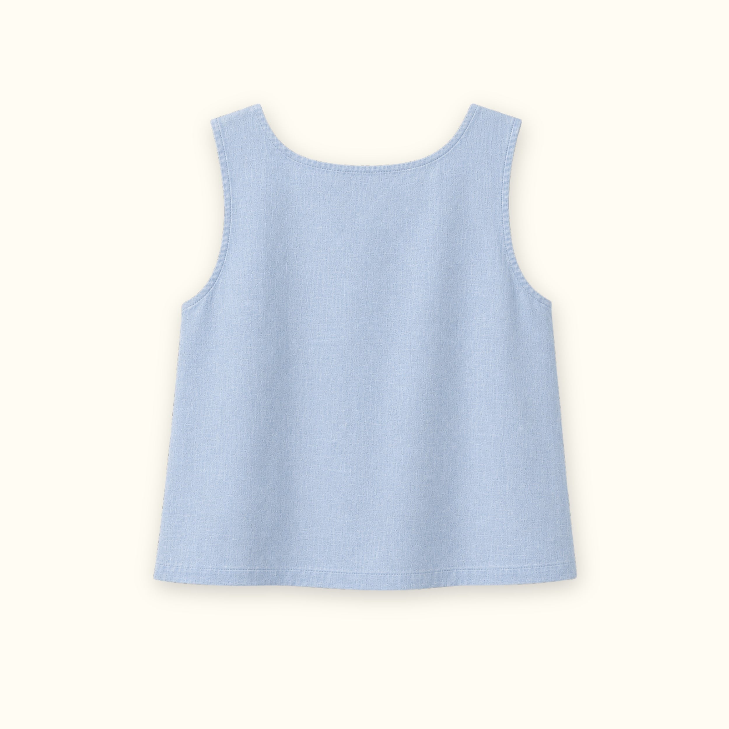 Top in lino con scollo quadrato azzurro, vista posteriore, con scollo e linea senza maniche