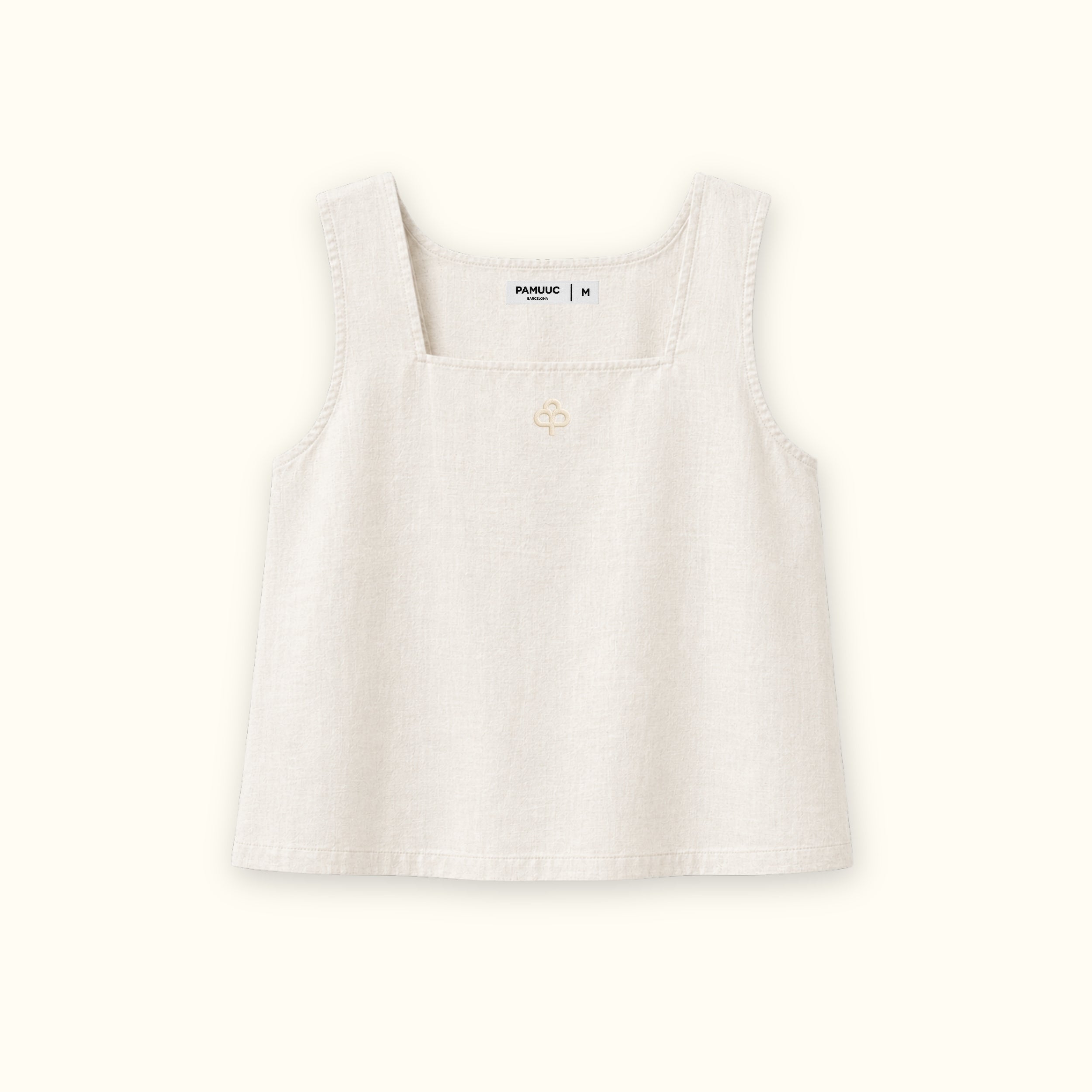 Top in lino con scollo quadrato Off White, vista frontale, con scollo e linea senza maniche