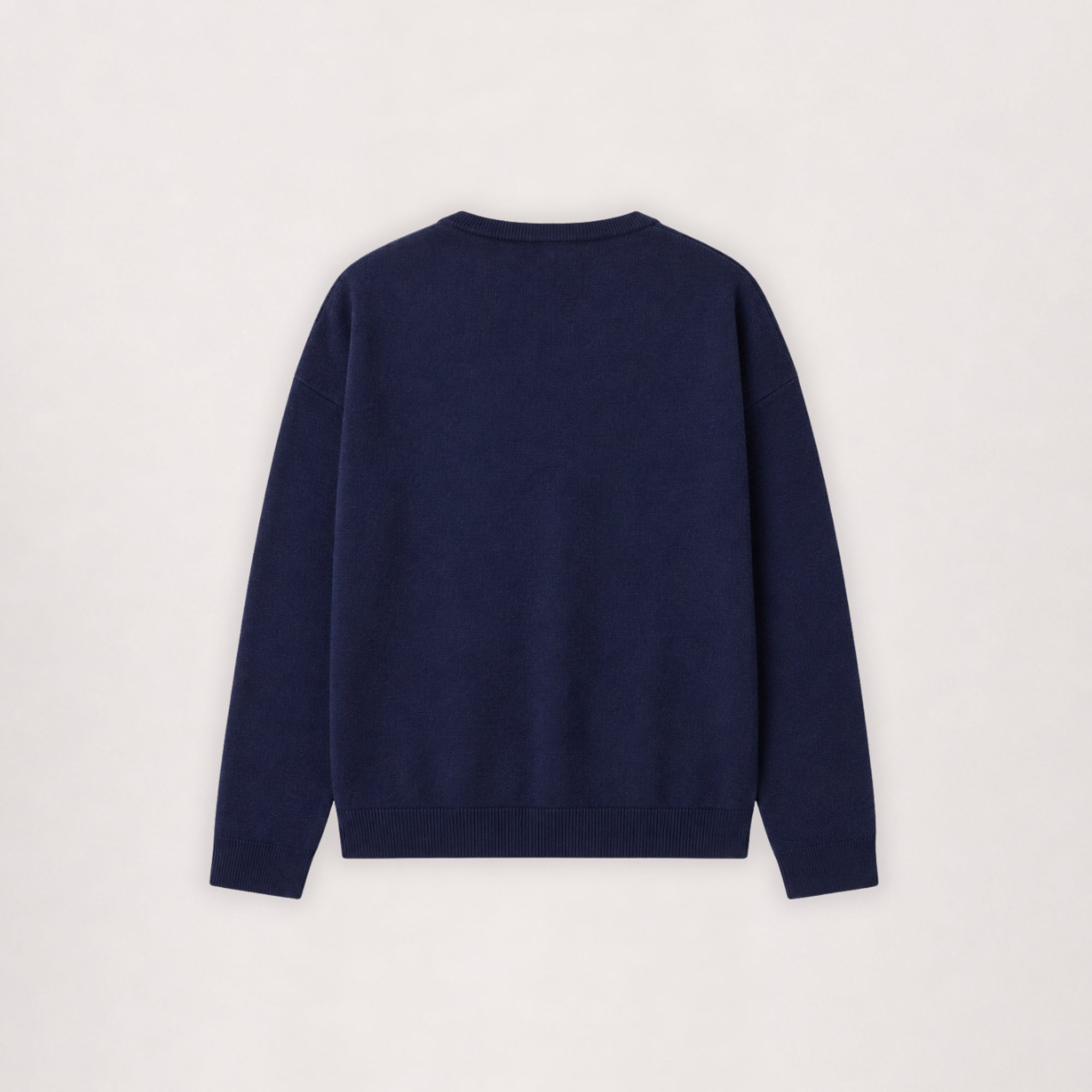 Pull à col rond en laine mérinos bleu marine, vue à plat de dos