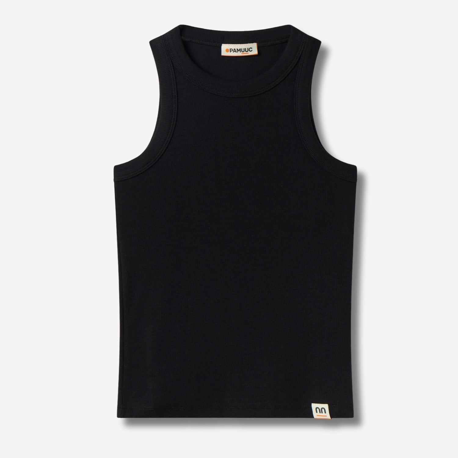 Front view of a sleek black tank top with a minimalist design, featuring a small Pamuuc label at the bottom left hem.