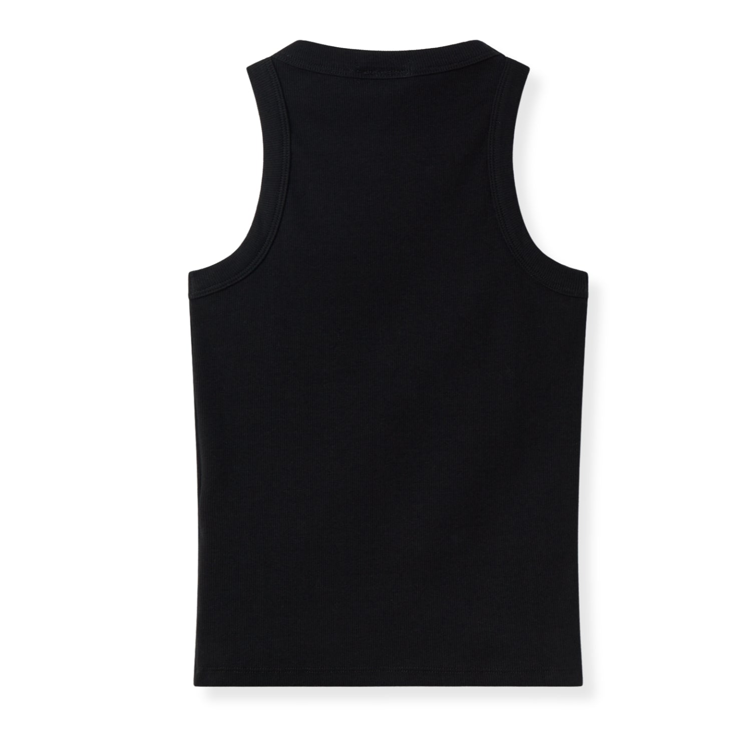 Rear view of the same black tank top showcasing its smooth back and streamlined silhouette.