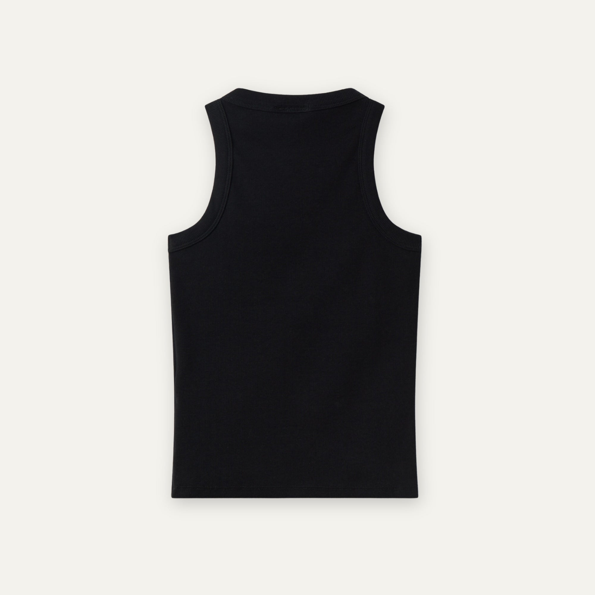 Zwarte geribbelde katoenen tanktop, afwisselend achteraanzicht met rechte zoom en glad aansluitend silhouet
