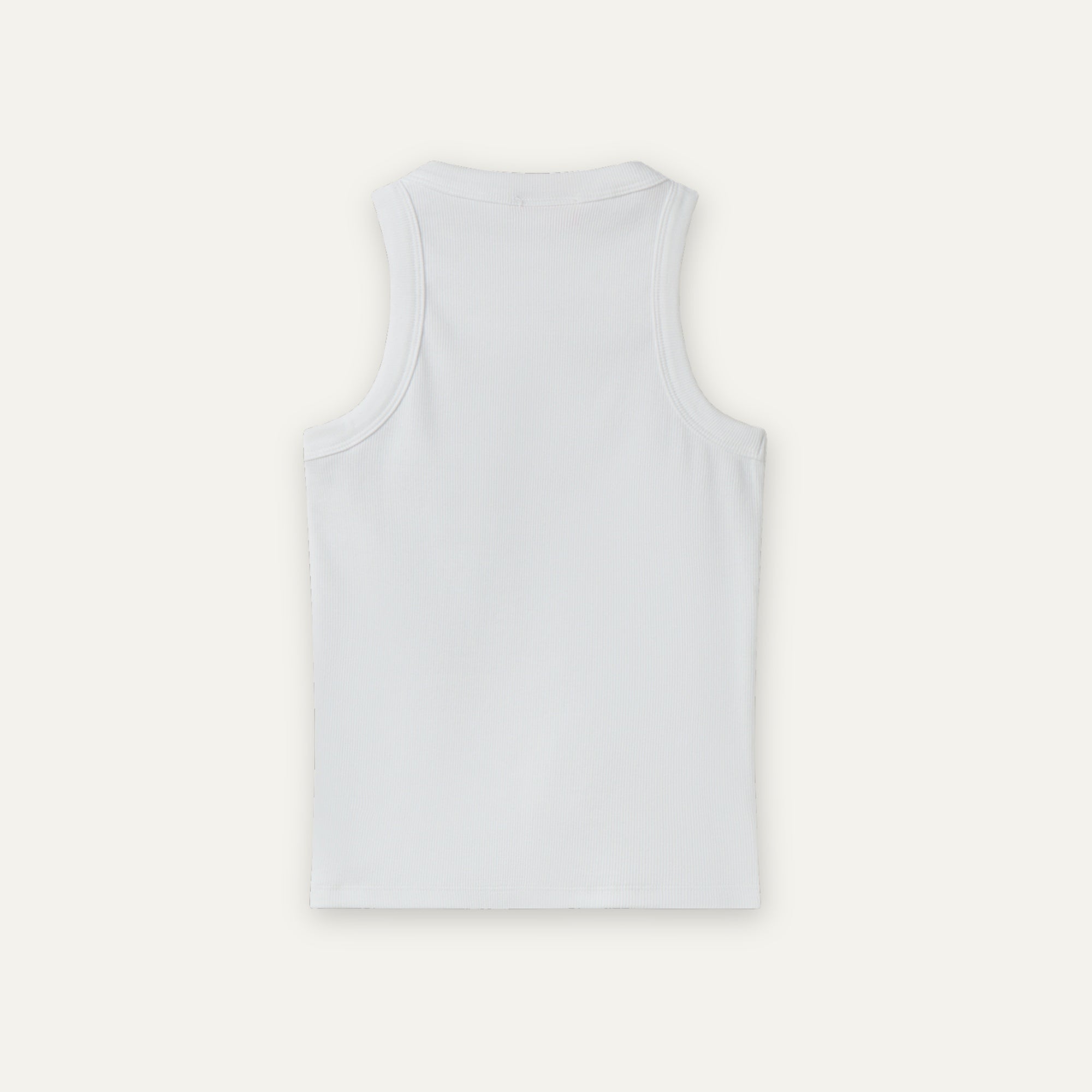 White ribbed cotton tank top, alternate back view showing straight hem and smooth fitted silhouette