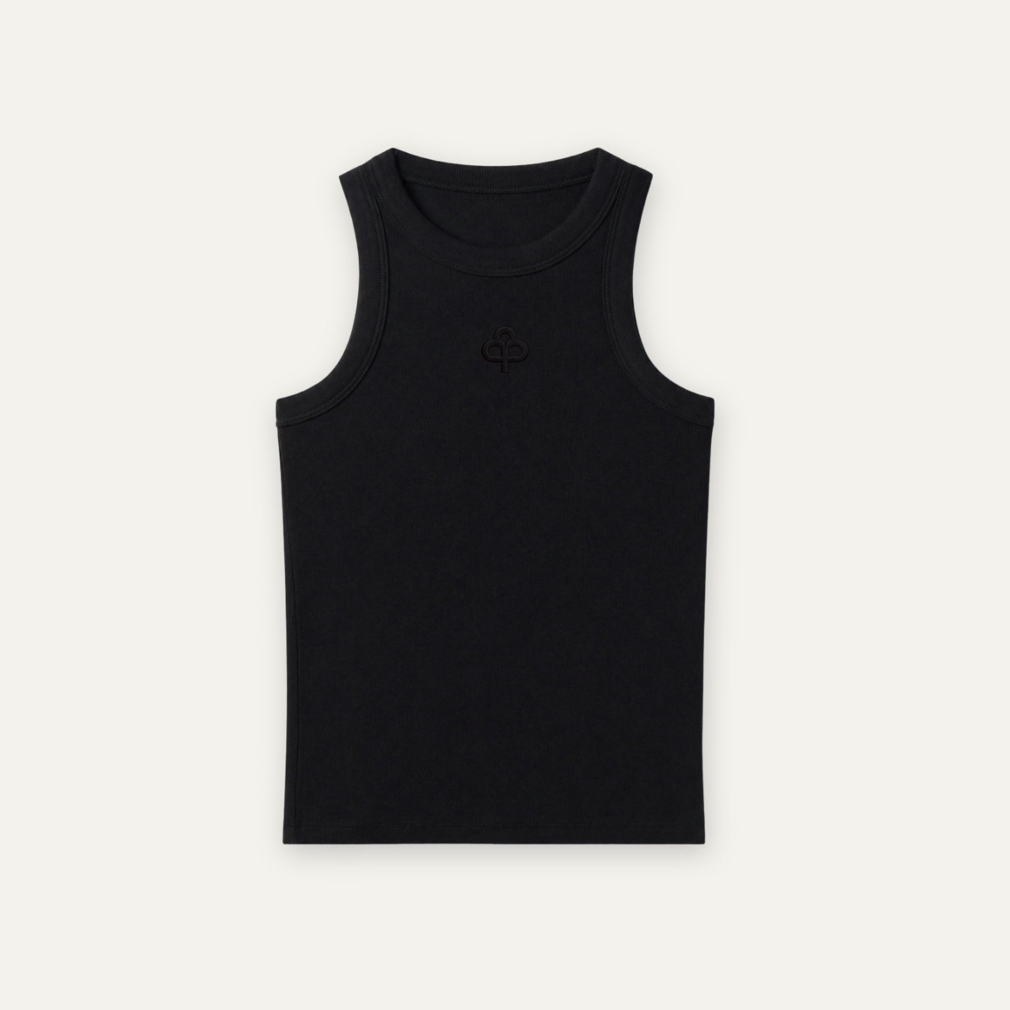 Black ribbed cotton tank top, alternate front view showing reinforced neckline and armhole binding