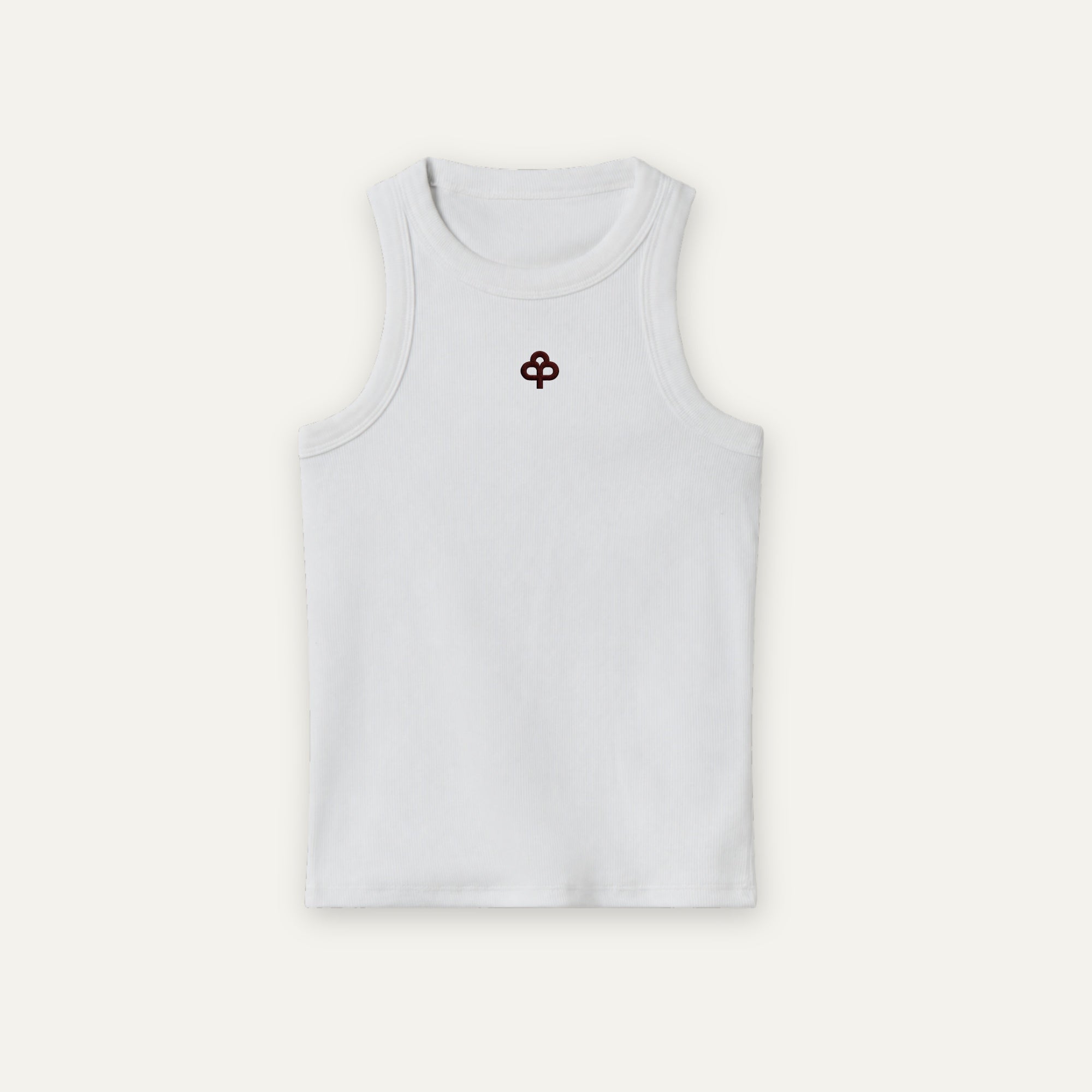 Witte geribbelde katoenen tanktop, afwisselend vooraanzicht met versterkte halslijn en armsgaten