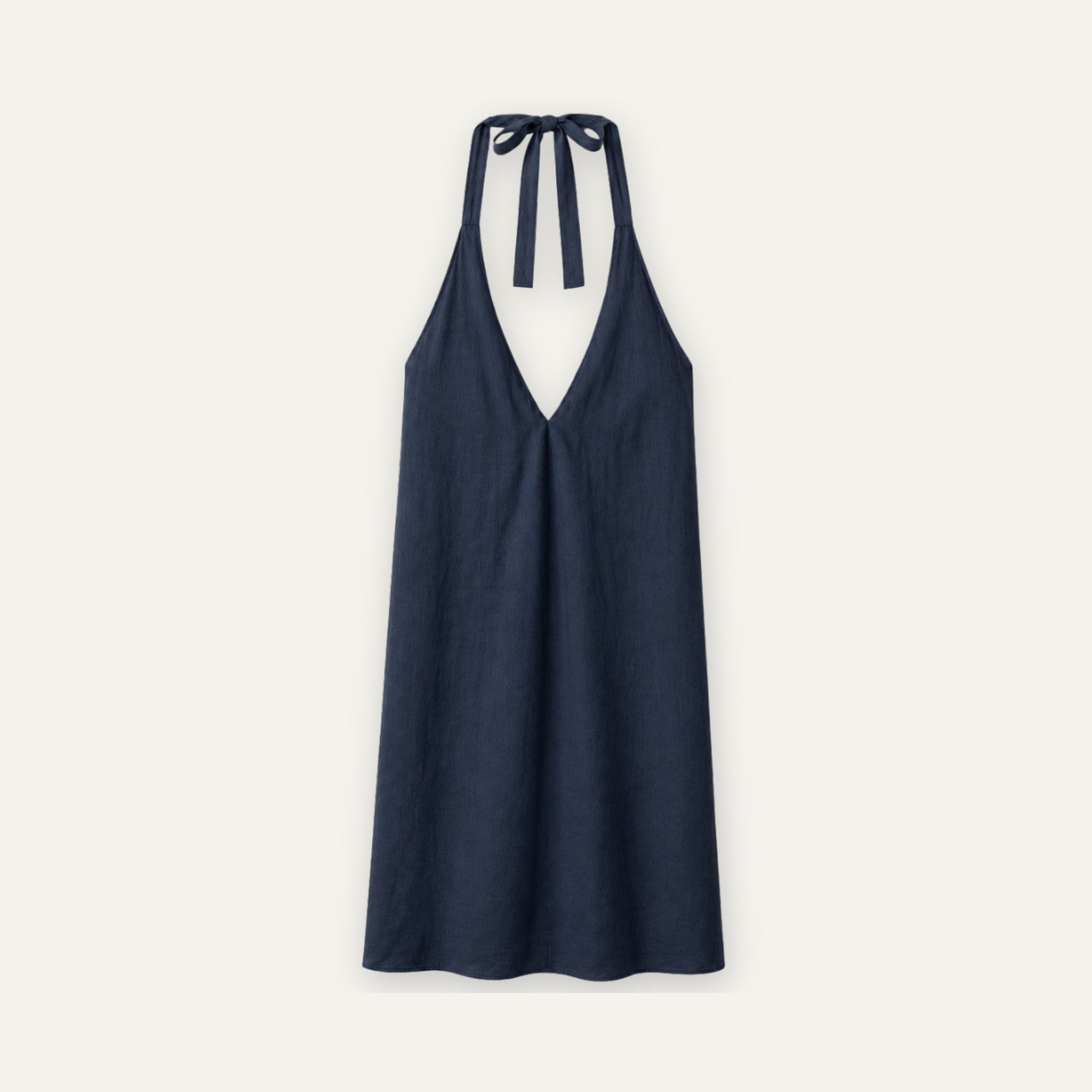 Linen Halter Dress in Navy Blue, front view, showing neckline and dress silhouette