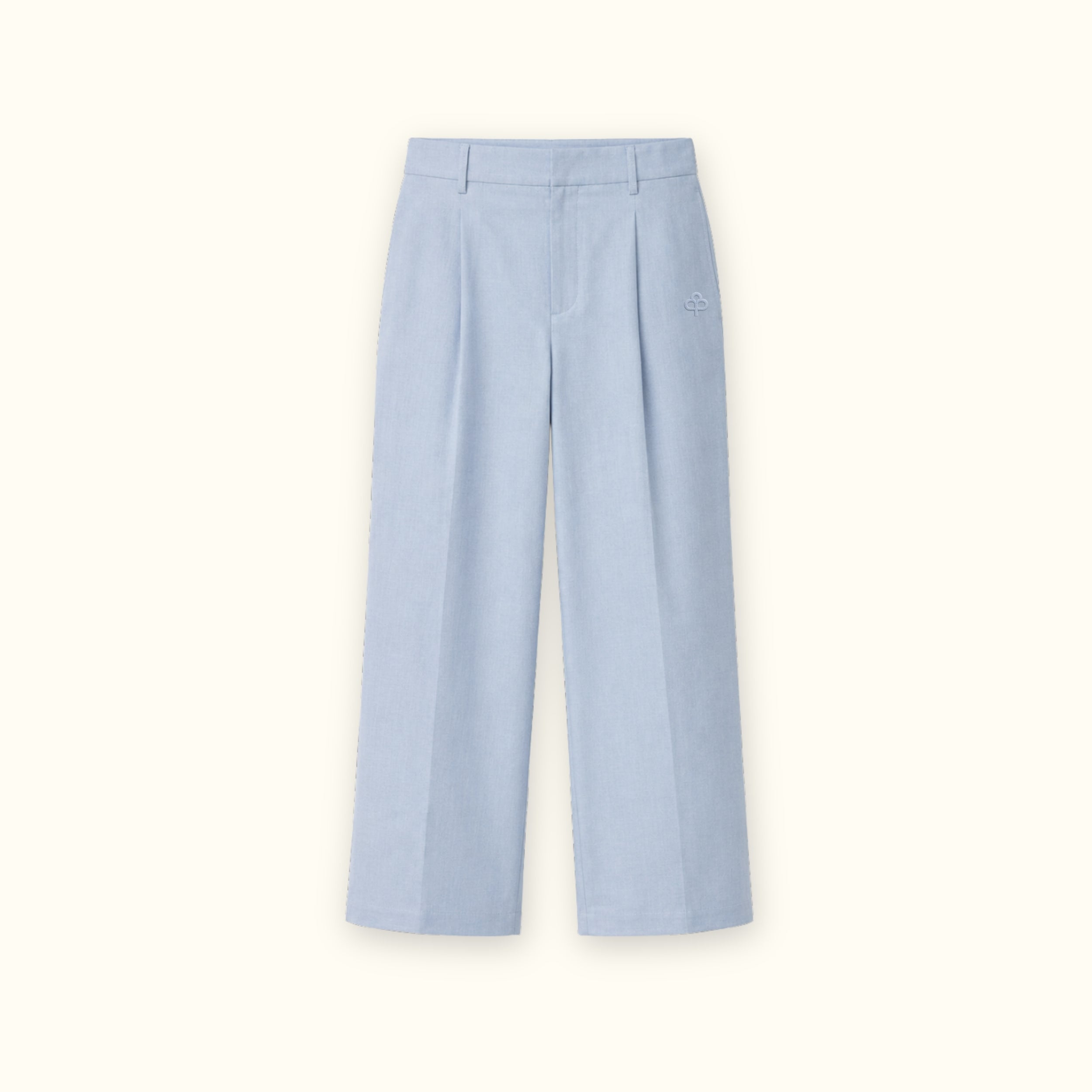 Straight Leg Linen Pants in Light Blue, front view, showing pleats and straight leg shape