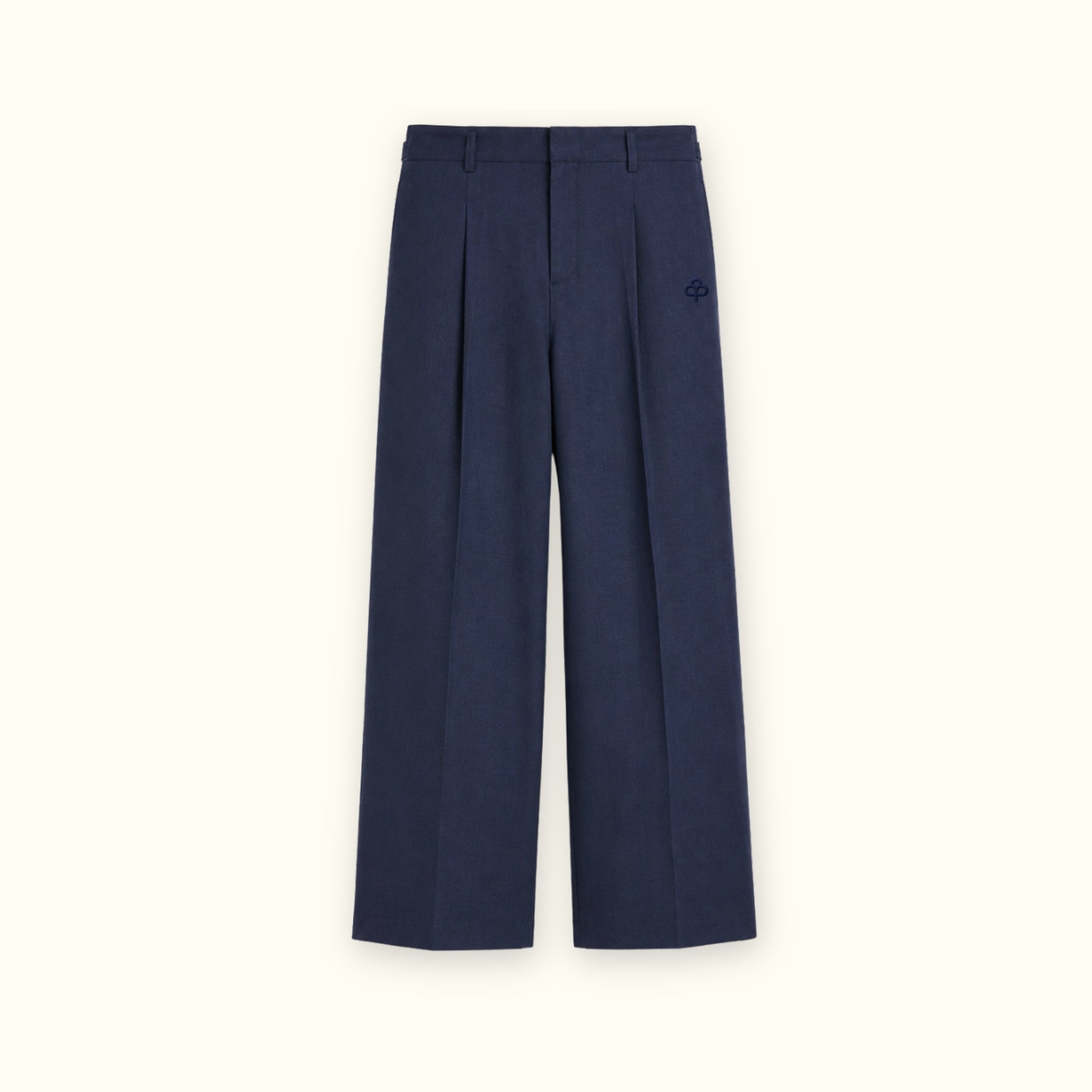 Straight Leg Linen Pants in Navy Blue, front view, showing pleats and straight leg shape